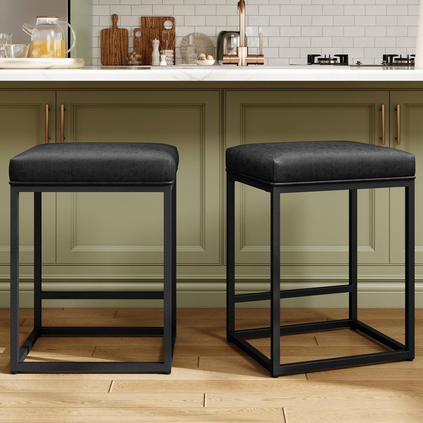 MAISON ARTS Counter Height 24" Bar Stools Set of 2 for Kitchen Counter Backless Modern Barstools Industrial Upholstered Faux Leather Stools Farmhouse Island Chairs, (24 Inch, Brown)