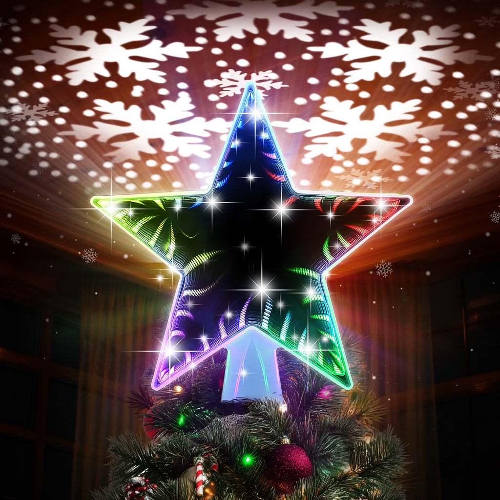 Christmas Star Tree Topper, Double Sided Tunnel Mirror Surface, 12 Lighting Modes, Built-In 6 Projected Patterns, Multi-Color Light