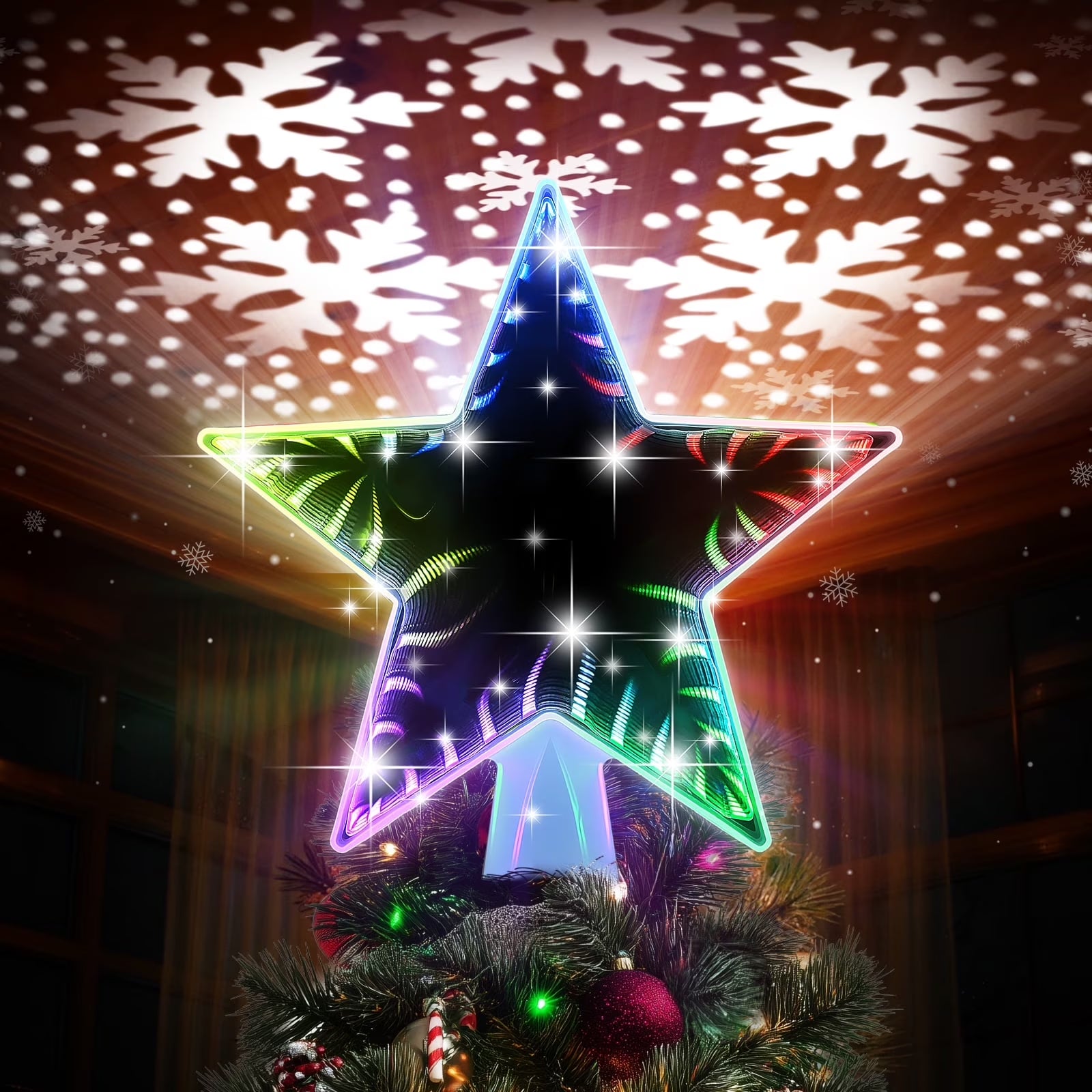 Christmas Star Tree Topper, Double Sided Tunnel Mirror Surface, 12 Lighting Modes, Built-In 6 Projected Patterns, Multi-Color Light