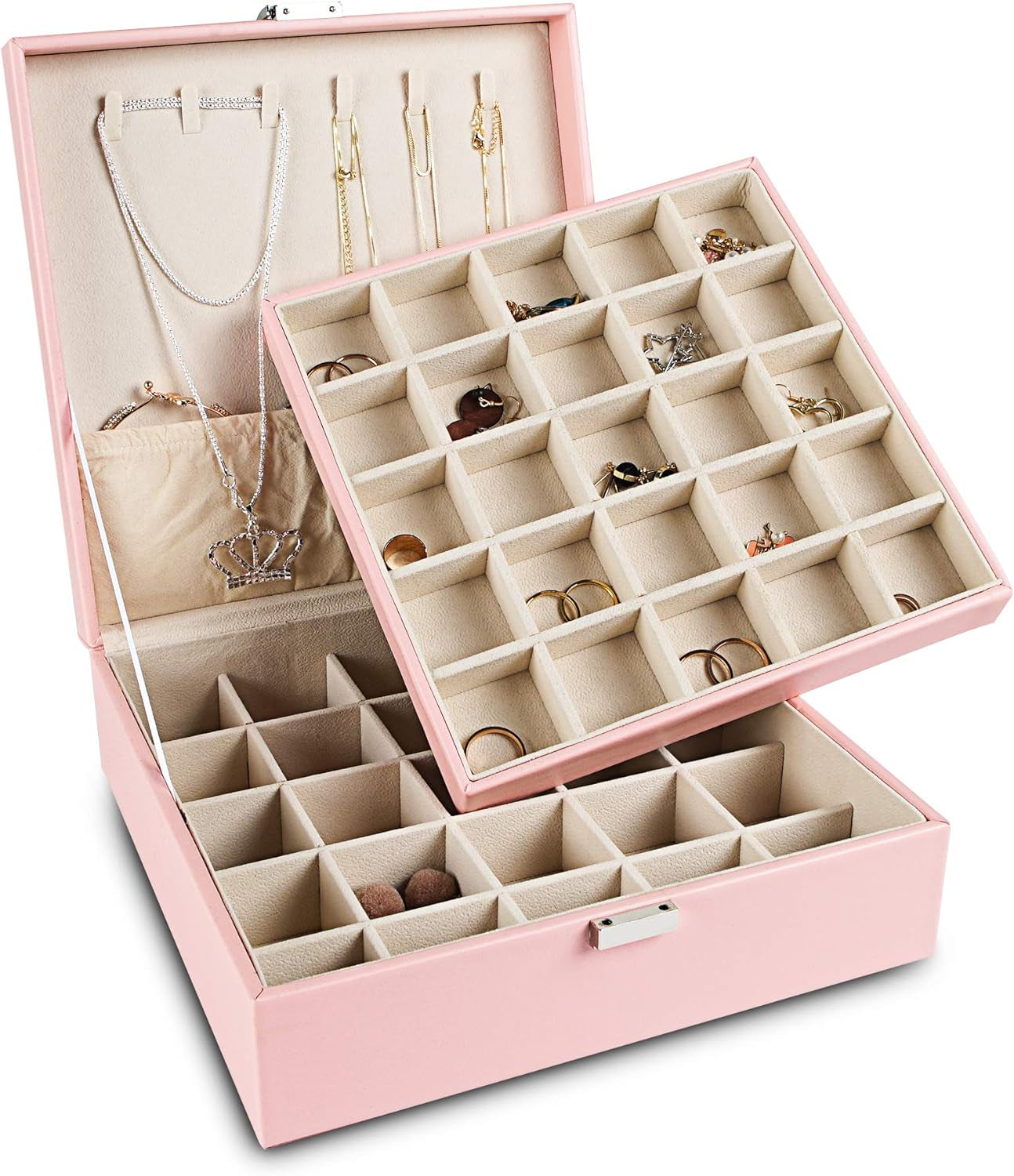 Frebeauty Earring Organizer Classic Jewelry Box 50 Slots Double Layer Jewelry Storage Case with 6 Necklace Hook and Bracelet Pocket(Pearl White)