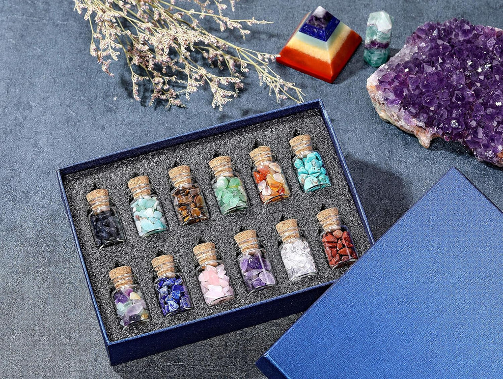 Crystaltears 12 Crystal Gemstone Bottles Reiki Chip Crystals for Witchcraft Healing Tumbled Gem Wicca Stones Set with Gift Box for Meditation Home Decoration Christmas Gift (12Pcs)