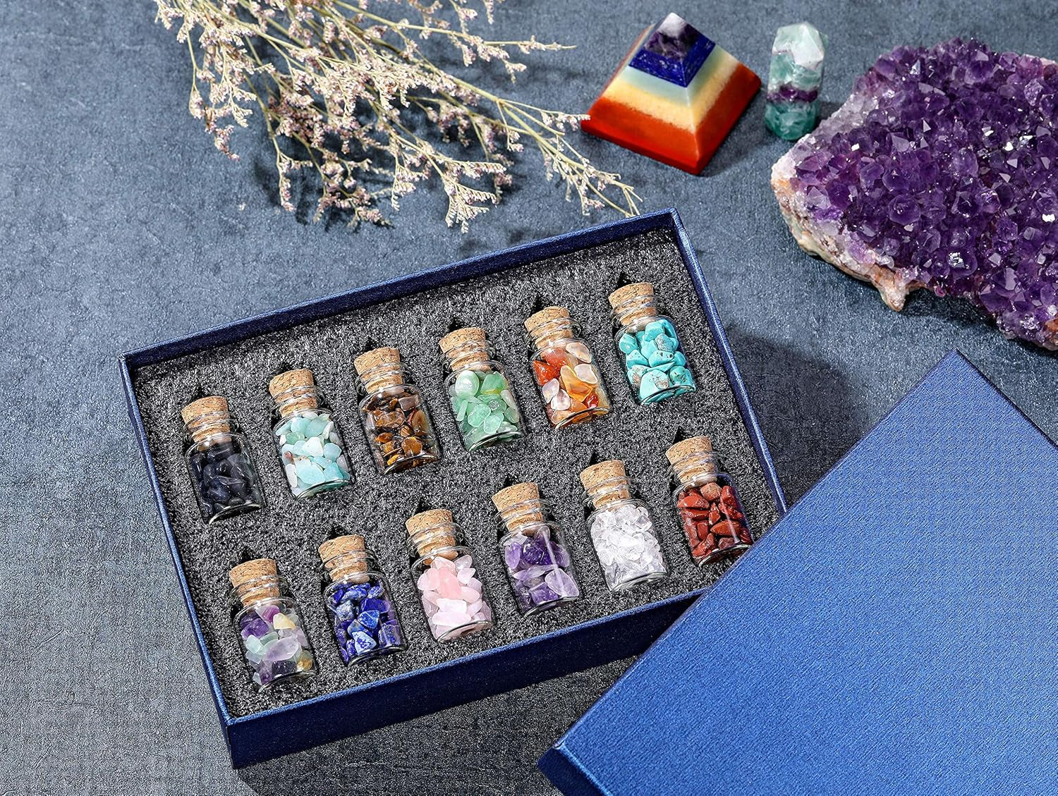 Crystaltears 12 Crystal Gemstone Bottles Reiki Chip Crystals for Witchcraft Healing Tumbled Gem Wicca Stones Set with Gift Box for Meditation Home Decoration Christmas Gift (12Pcs)