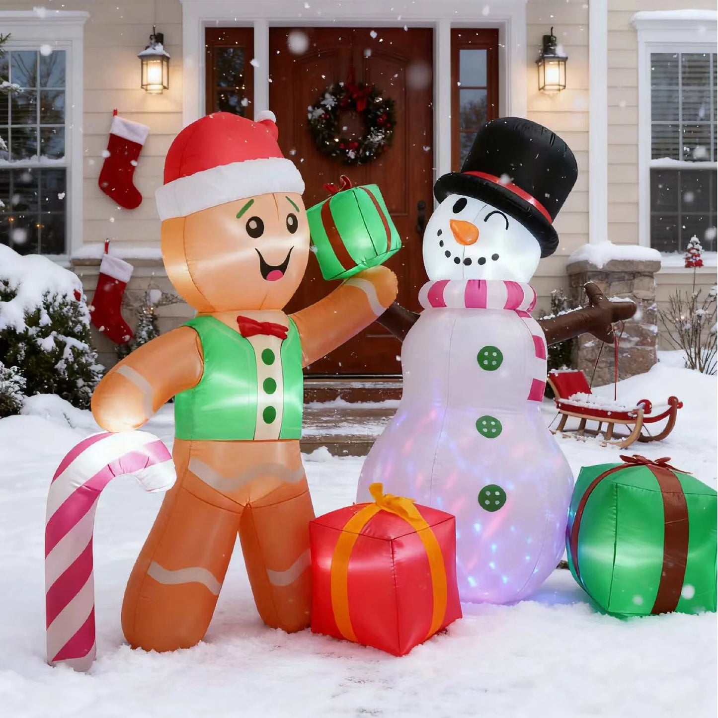 8.5Ft Christmas Inflatables Outdoor Decoration Snowman and Gingerbread Christmas Blow Ups with Built in LED Lights Xmas Garden Yard Lawn Decoration