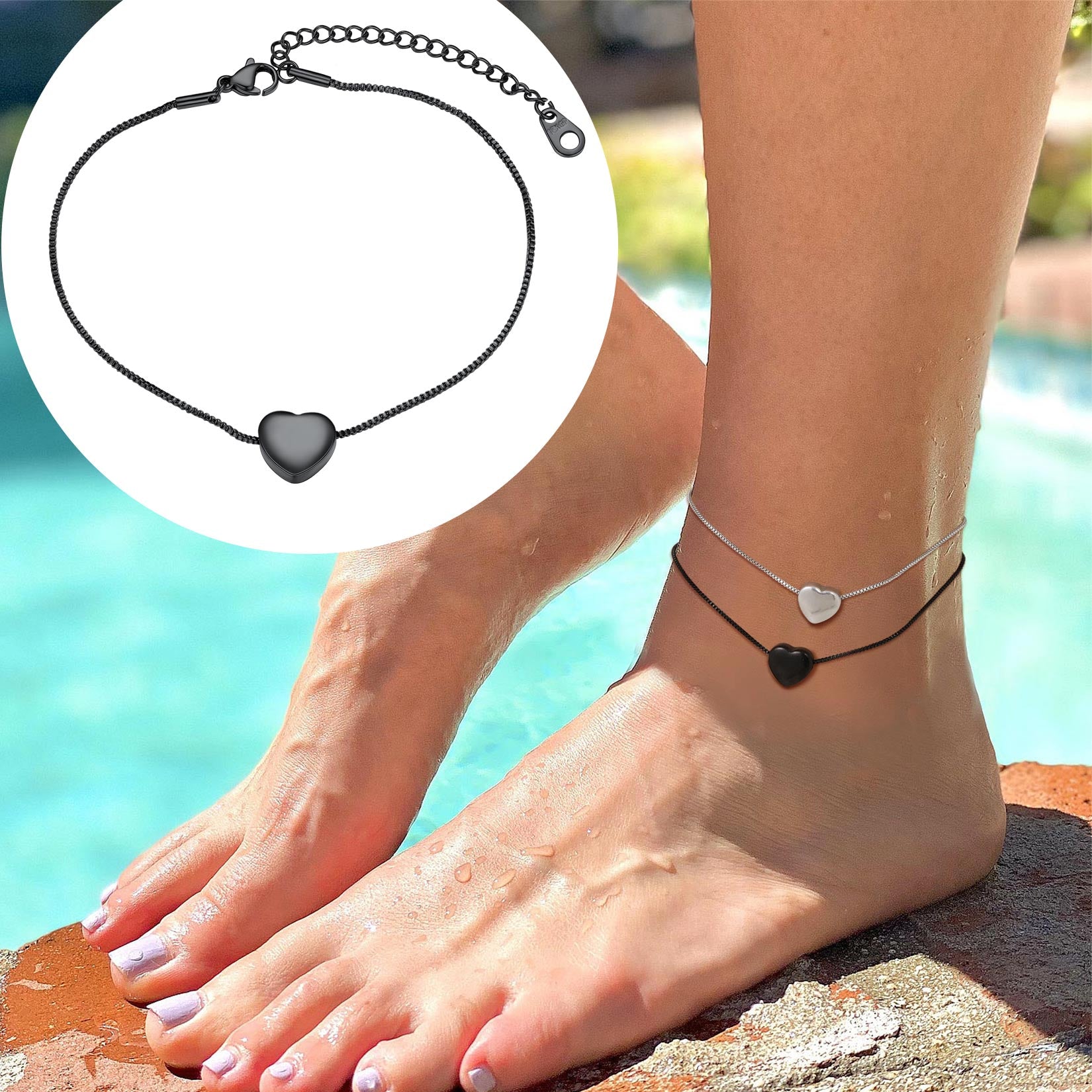 Black Heart Chain Anklet for Women Barefoot Ankle Foot Jewelry 9Inch Gift Packed