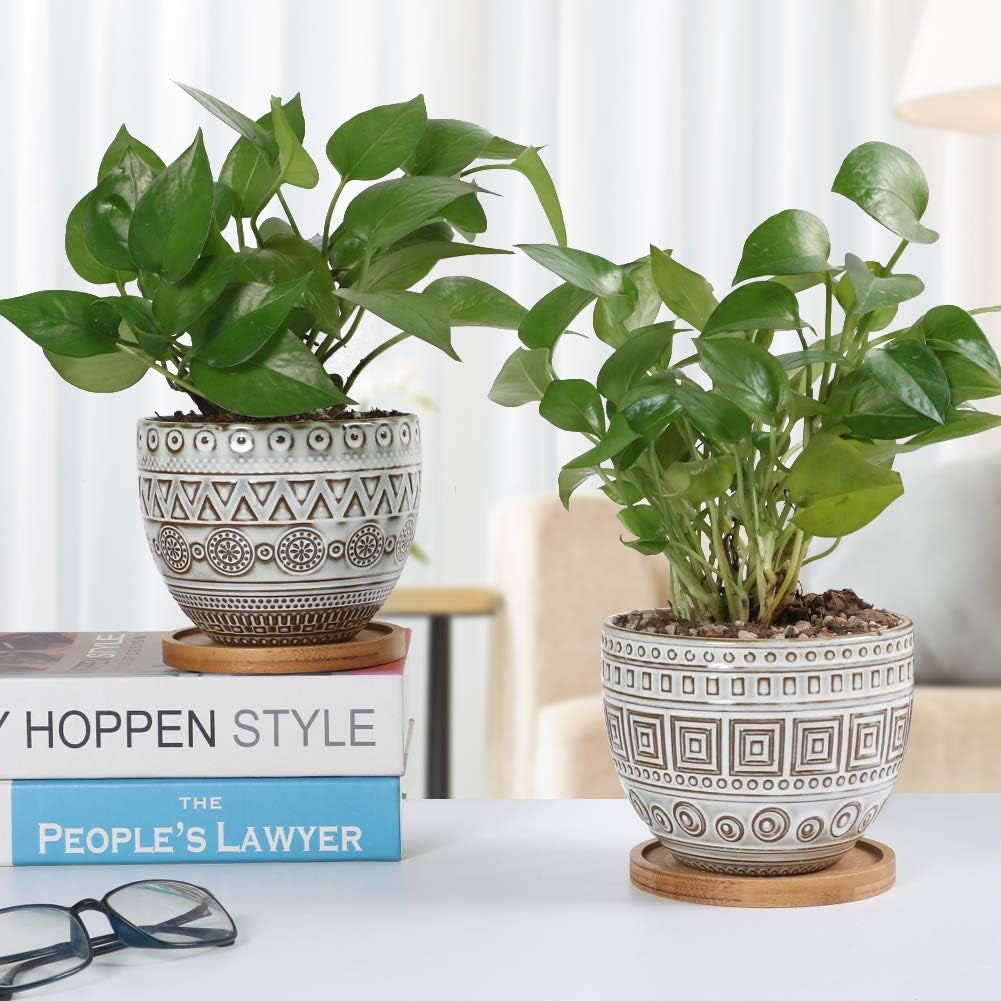 G Epgardening 5.5In Geometry Ceramic Planter Large round Succulent Planter Flower Pot Indoor and Outdoor Brown Set of 2