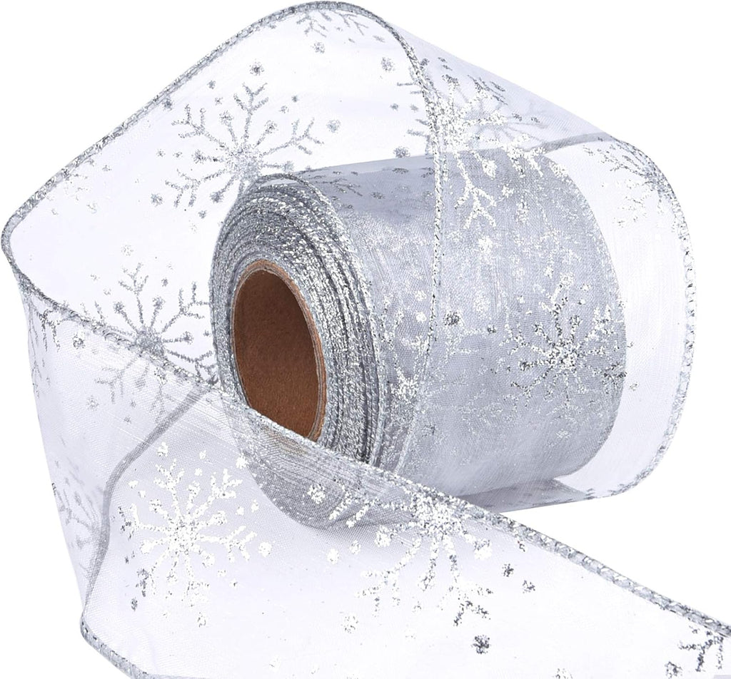 2.5 Inch Wide Christmas Wired Ribbon Snowflake Organza Sheer Glitter Ribbon for Xmas Tree, Wreath, Party Decoration, Gift Wrapping (Silver, 65.7 Foot (Pack of 1))