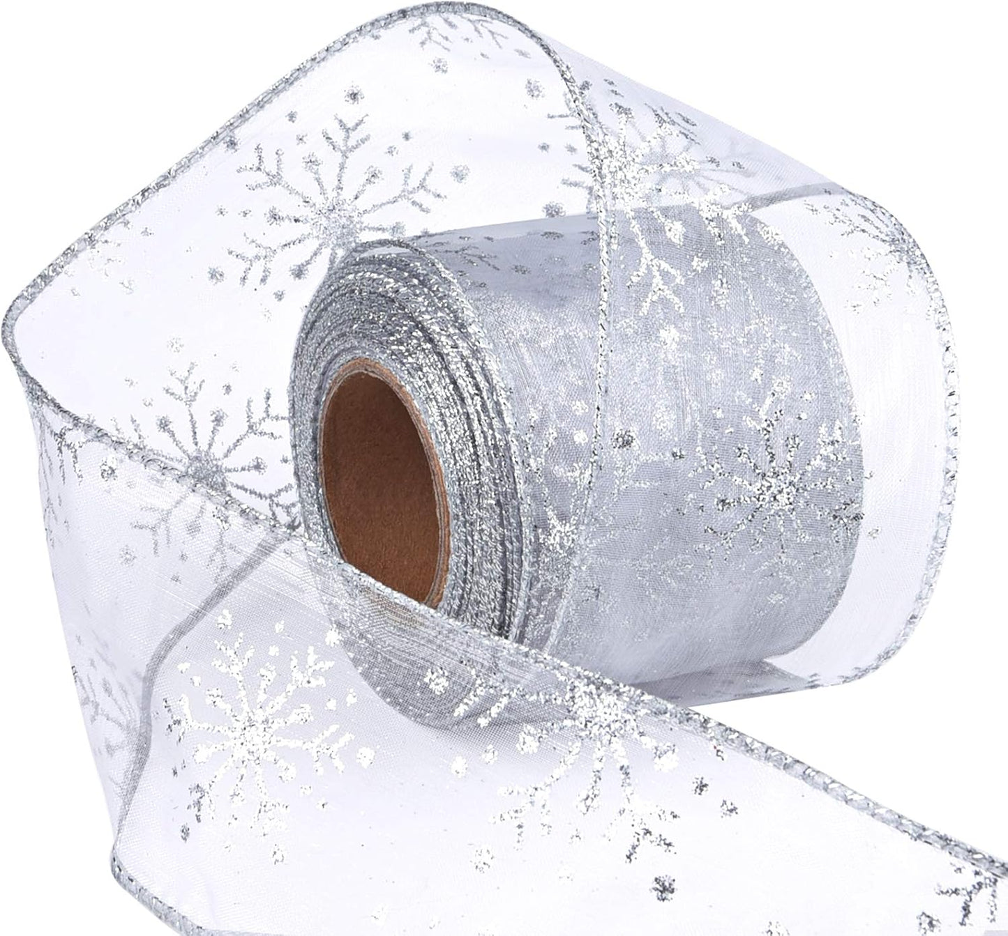 2.5 Inch Wide Christmas Wired Ribbon Snowflake Organza Sheer Glitter Ribbon for Xmas Tree, Wreath, Party Decoration, Gift Wrapping (Silver, 65.7 Foot (Pack of 1))