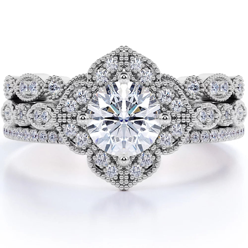Unique 1.75 Carat Real Moissanite Wedding Trio Ring Set with Engagement Ring and 2 Wedding Bands in 18K Gold Plating for Women