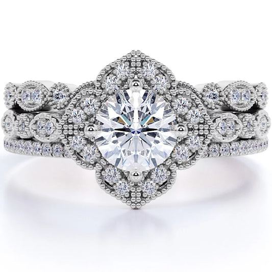 Unique 1.75 Carat Real Moissanite Wedding Trio Ring Set with Engagement Ring and 2 Wedding Bands in 18K Gold Plating for Women
