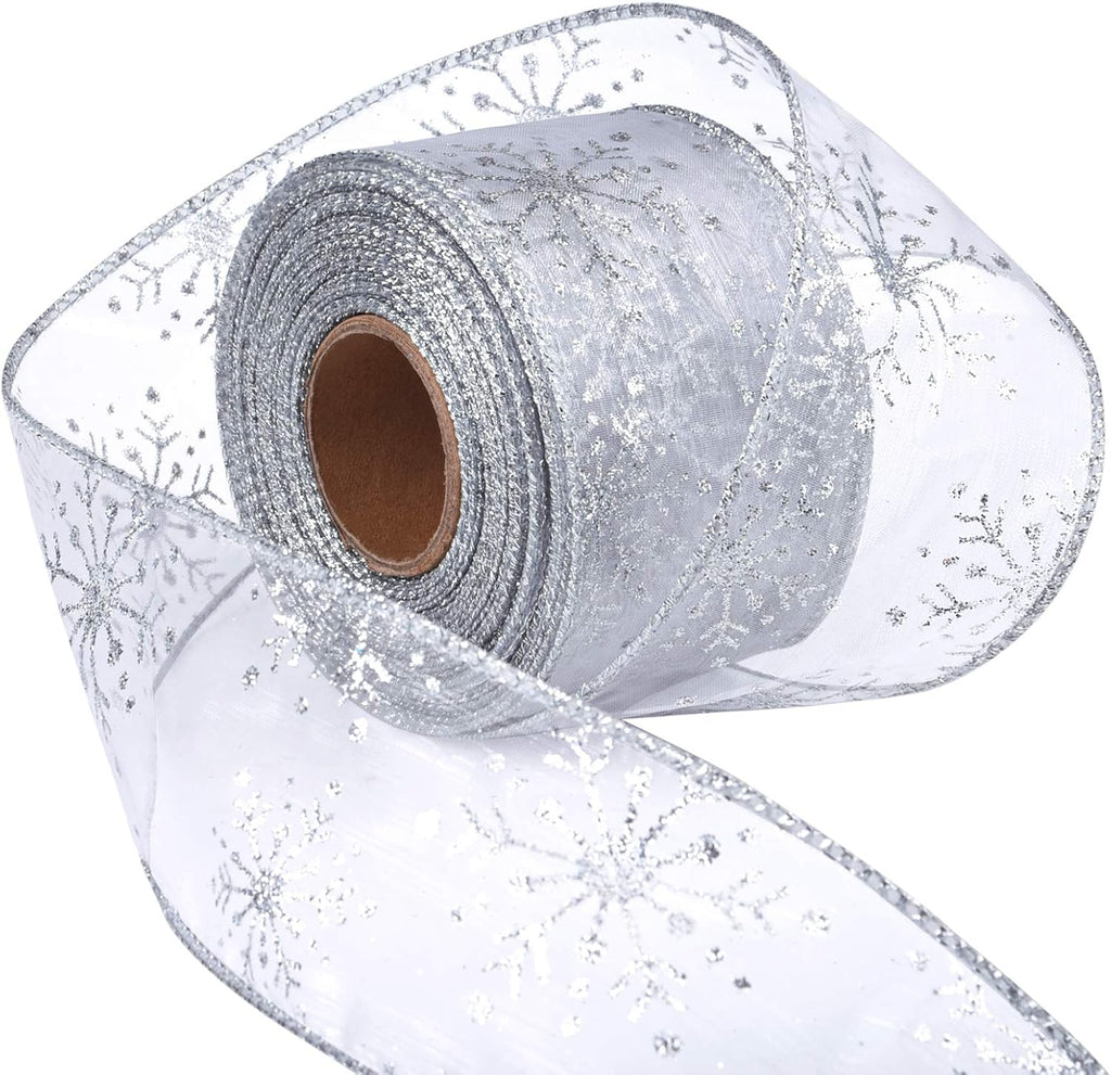 2.5 Inch Wide Christmas Wired Ribbon Snowflake Organza Sheer Glitter Ribbon for Xmas Tree, Wreath, Party Decoration, Gift Wrapping (Silver, 65.7 Foot (Pack of 1))
