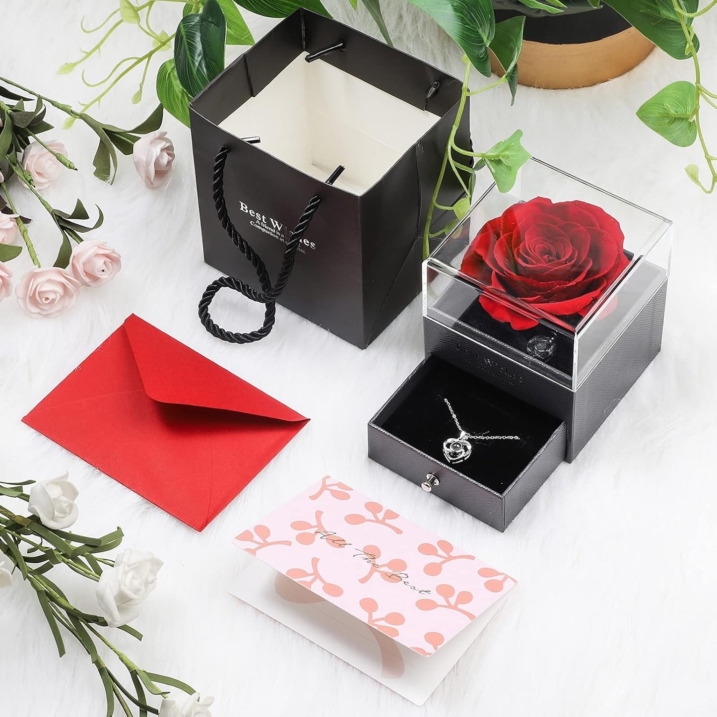 Feeyowipreserved Real Rose with Heart Necklace and Greeting Card. Forever Gifts for Women/Mom/Her/Girlfriend/Wife/Valentine’S Day/Birthday/Anniversary/Thanksgiving/Christmas Wedding (Red)