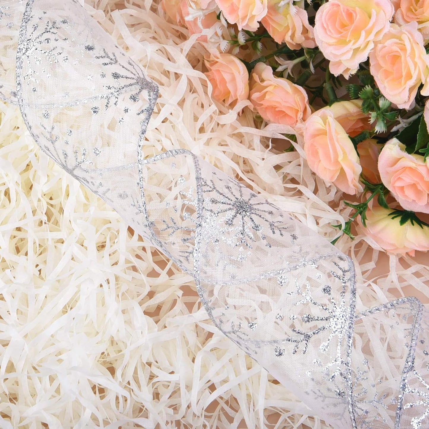 2.5 Inch Wide Christmas Wired Ribbon Snowflake Organza Sheer Glitter Ribbon for Xmas Tree, Wreath, Party Decoration, Gift Wrapping (Silver, 65.7 Foot (Pack of 1))