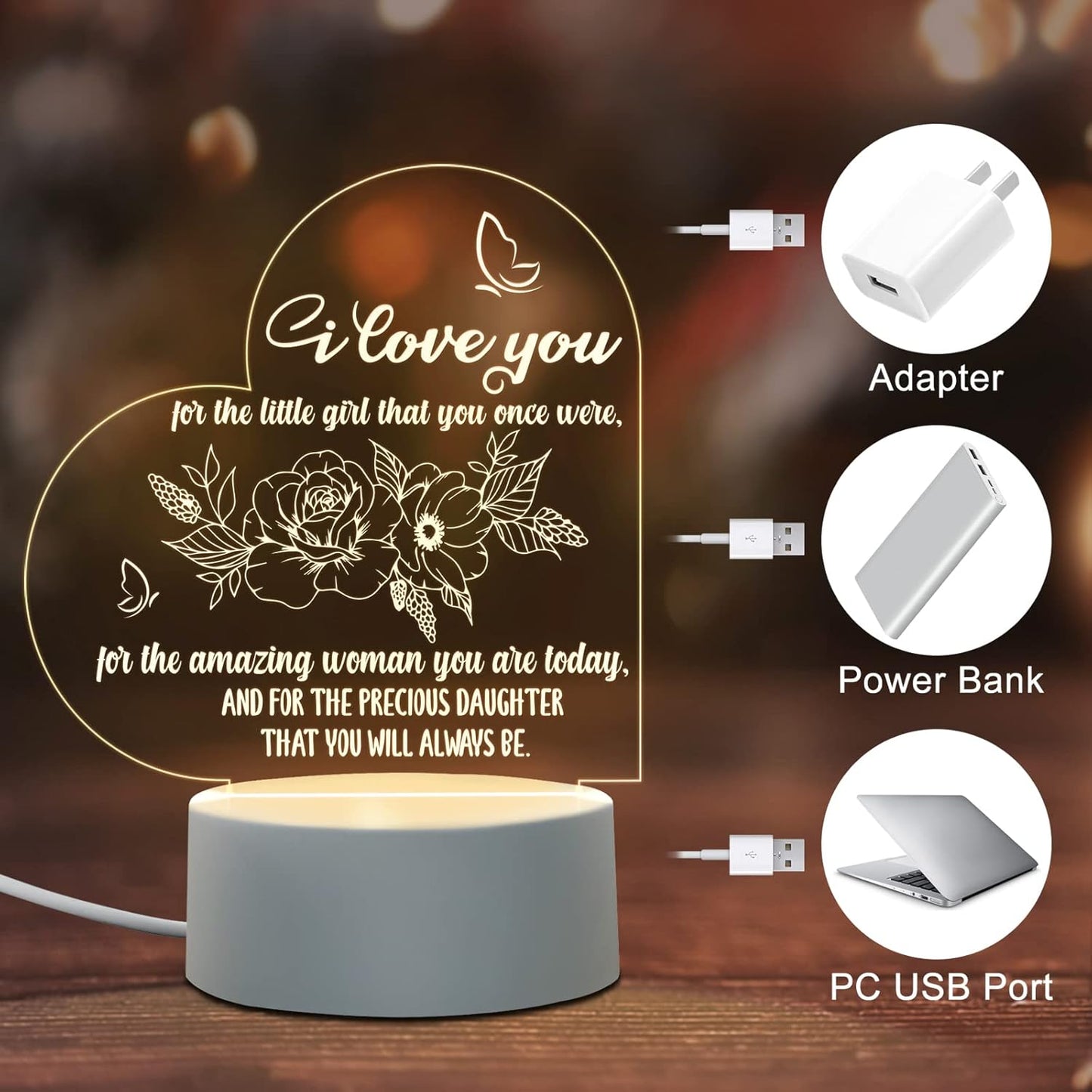 Jigfoxy Gifts for Adult Daughters from Mom Dad, Engraved Night Light for Daughter, Birthday Mother'S Day Gifts for Daughter (Heart)