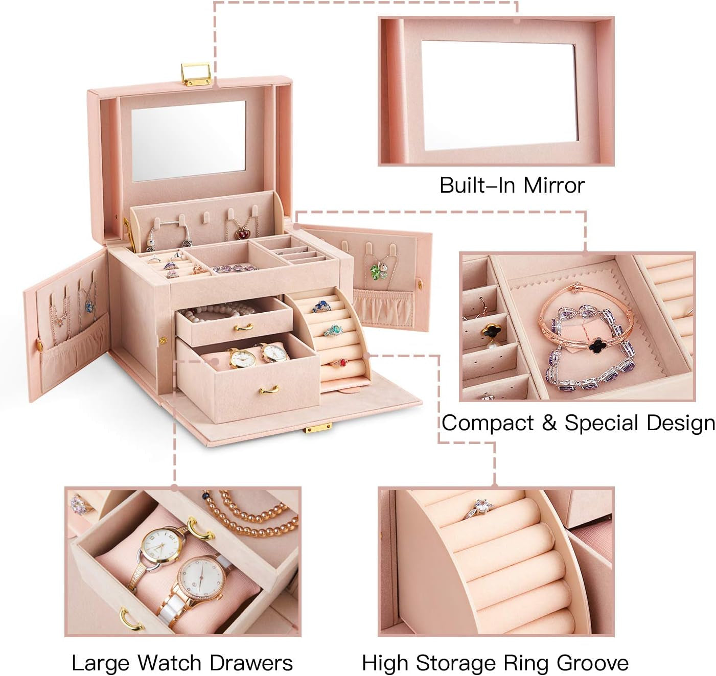 RIRO Jewelry Box for Women, Faux Leather Jewelry Organizer Box with 2 Drawers, Lockable Jewelry Storage Case with Mirror, Storing for Watch Necklace Ring Earring Bracelet, Gift (Pink)