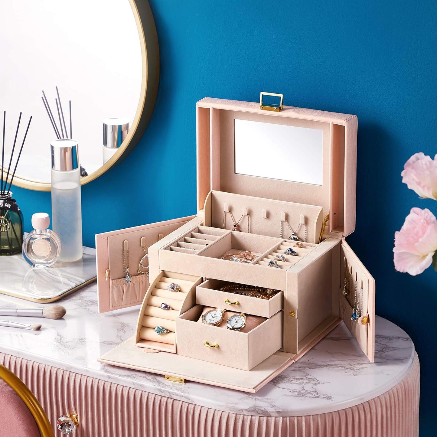 RIRO Jewelry Box for Women, Faux Leather Jewelry Organizer Box with 2 Drawers, Lockable Jewelry Storage Case with Mirror, Storing for Watch Necklace Ring Earring Bracelet, Gift (Pink)