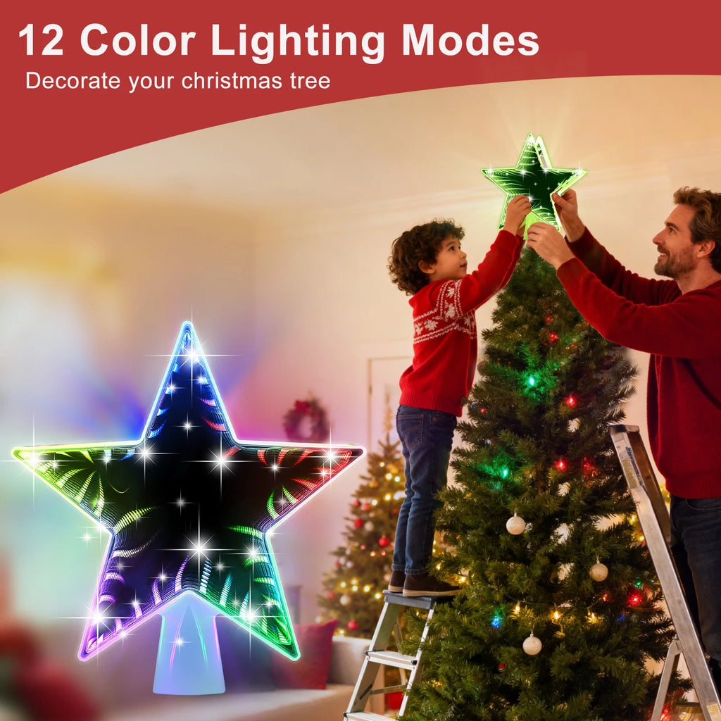 Christmas Star Tree Topper, Double Sided Tunnel Mirror Surface, 12 Lighting Modes, Built-In 6 Projected Patterns, Multi-Color Light