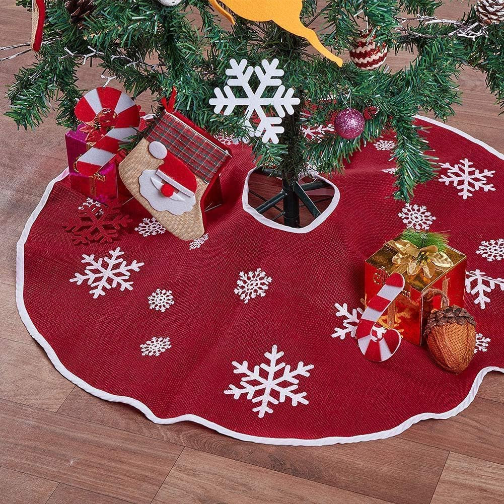 N&T NIETING Christmas Small Tree Skirt, 24 Inch Red Burlap Tree Mat with White Snowflake Printed for Xmas Tree Holiday Party Home Indoor Farmhouse Winter Decorations