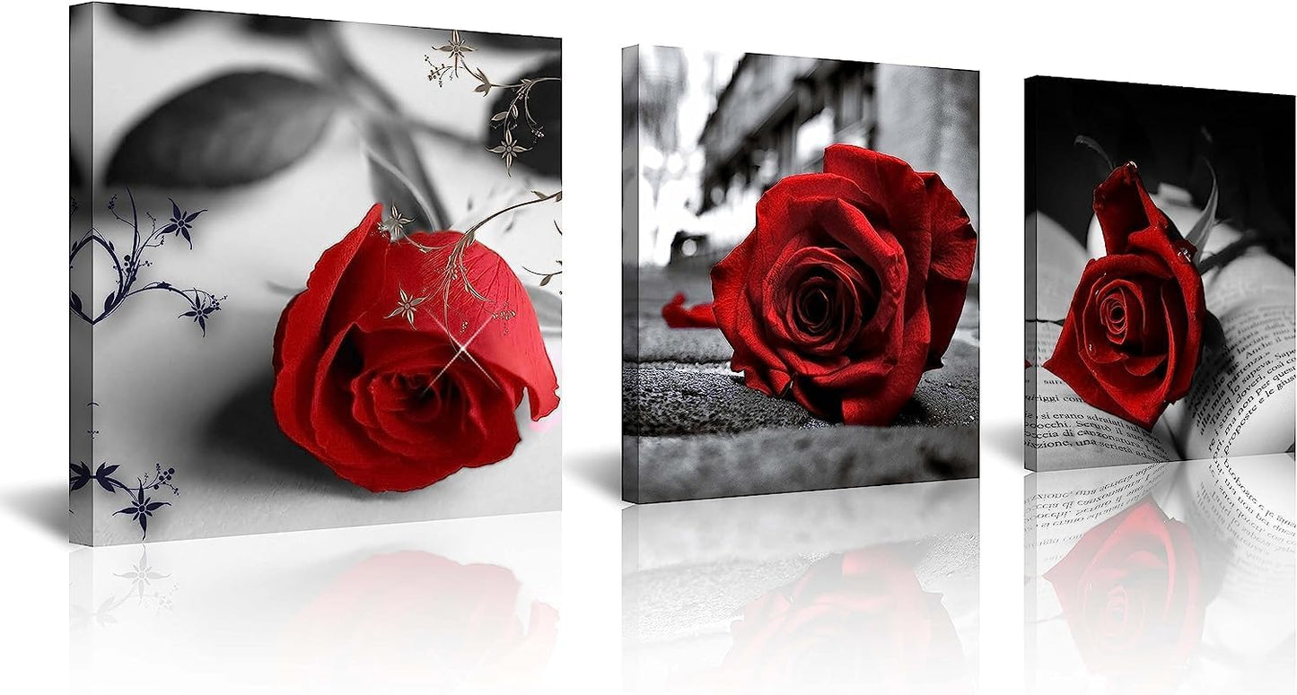 NAN Wind Canvas Print 3 Pcs Black and White Red Rose Canvas Art Painting Abstract Wall Art Decorations Flower Picture on Canvas for Home Decor Stretched and Framed (16X16Inchx3Pcs, A-Rose)