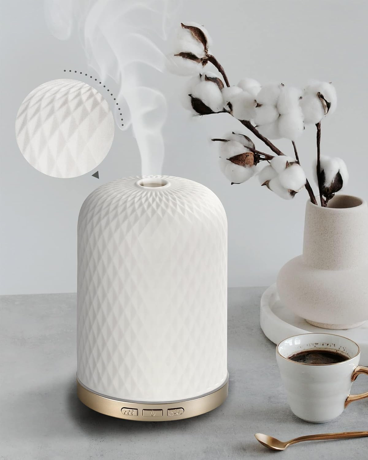 Essential Oil Diffuser,110Ml Diffusers for Essential Oils Large Room, Ceramic Diffusers Decorative Ultrasonic Defuzzer, Ideal for Aesthetic Home,Dorm Décor, Yoga,White