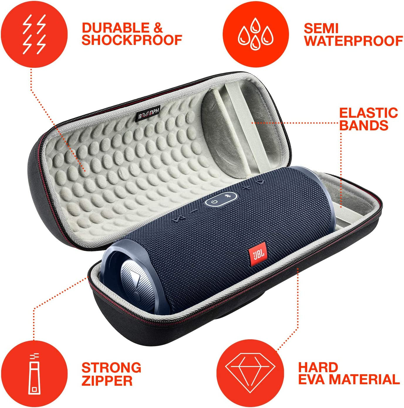 Boomph JBL Charge 4 Portable Waterproof Wireless Bluetooth Speaker Bundle Portable Hard Carrying Protective Case - Blue