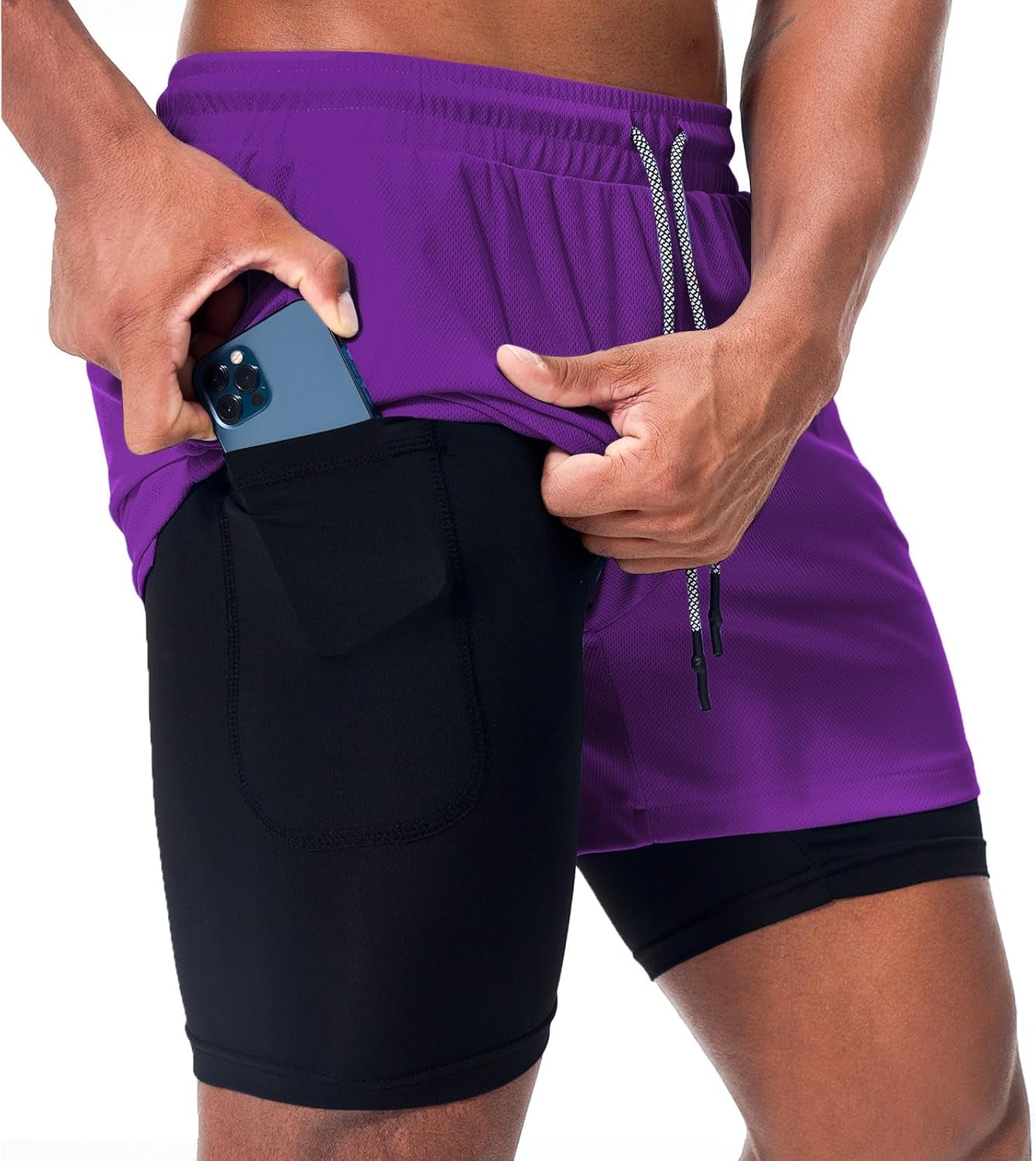 Surenow Men'S Athletic Running Shorts Quick Dry Workout Shorts 2 in 1 Shorts 5" Gym Running Shorts for Men with Phone Pocket