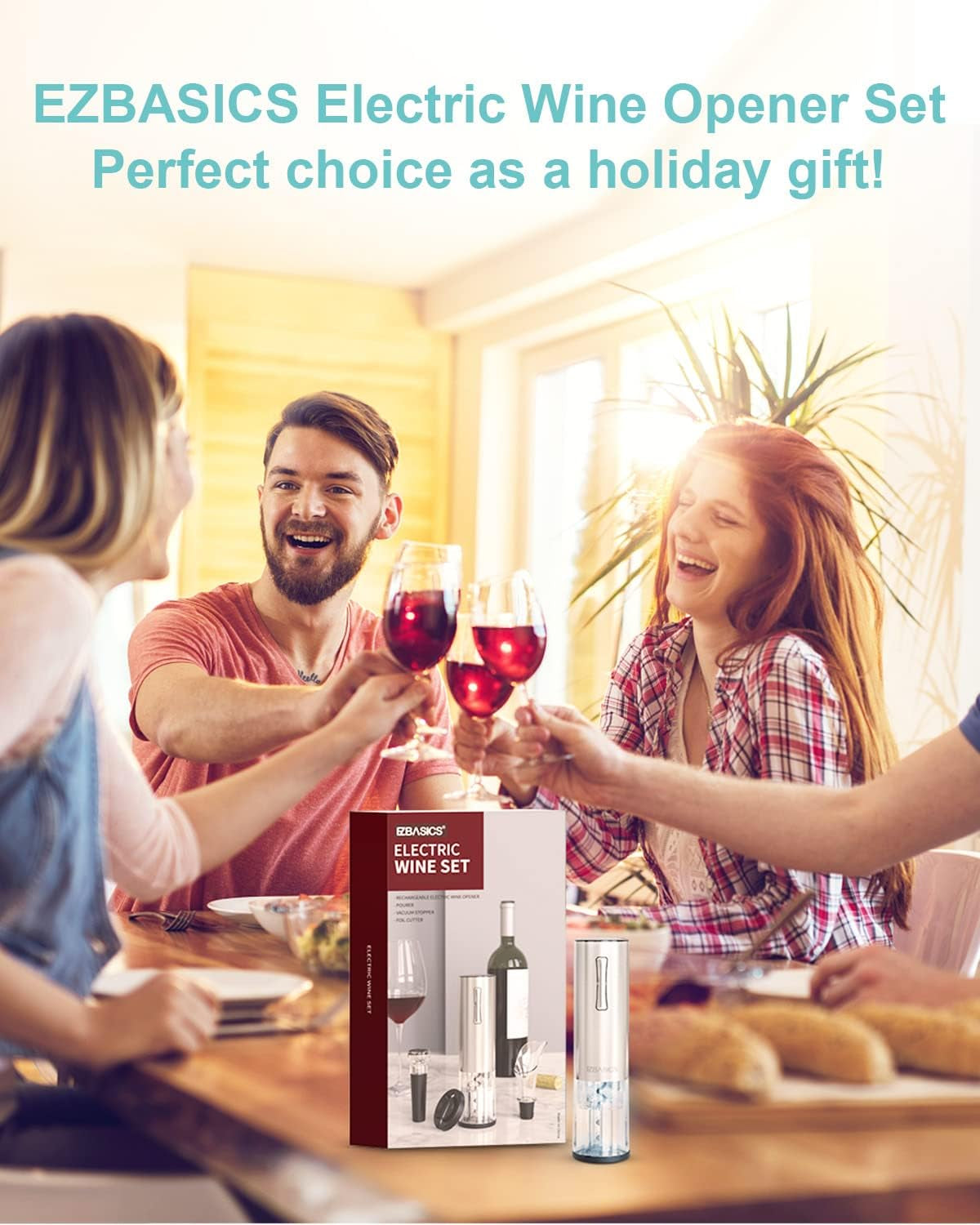 EZBASICS Electric Wine Opener, Automatic Wine Bottle Opener Set with Foil Cutter Vacuum Stopper and Wine Aerator Pourer for Wine Lovers Gift Home Kitchen Party Bar Wedding Rechargeable, Silver