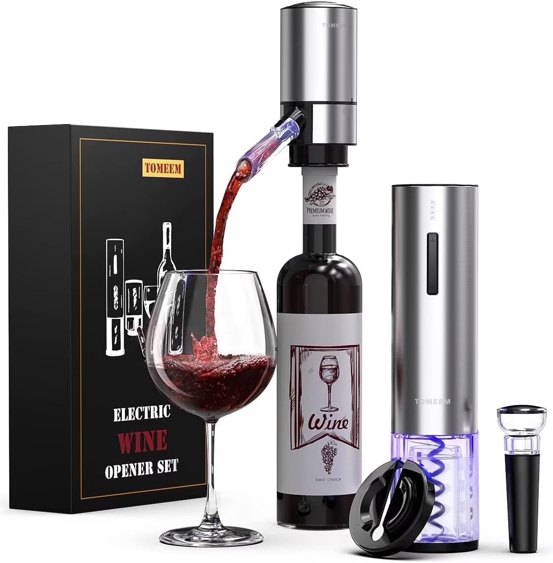 4-Piece Stainless Steel Wine Opener Set with Rechargeable Electric Wine Bottle Opener