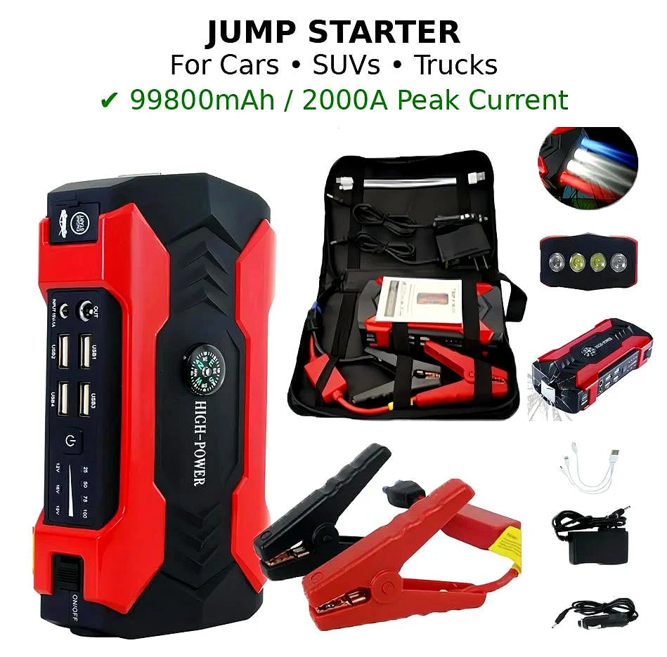 99800Mah Car Jump Starter, Peak Car Battery Charger, 12V Jump Box Jumper Battery Pack, Portable Charger, Emergency LED Light, Escape Safty Hammer, Compass