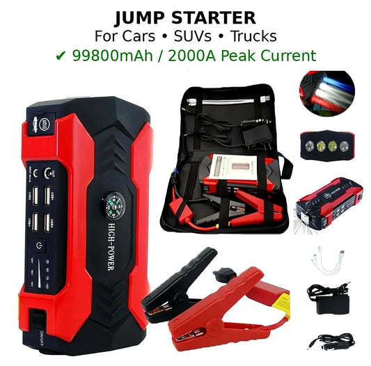 99800Mah Car Jump Starter, Peak Car Battery Charger, 12V Jump Box Jumper Battery Pack, Portable Charger, Emergency LED Light, Escape Safty Hammer, Compass