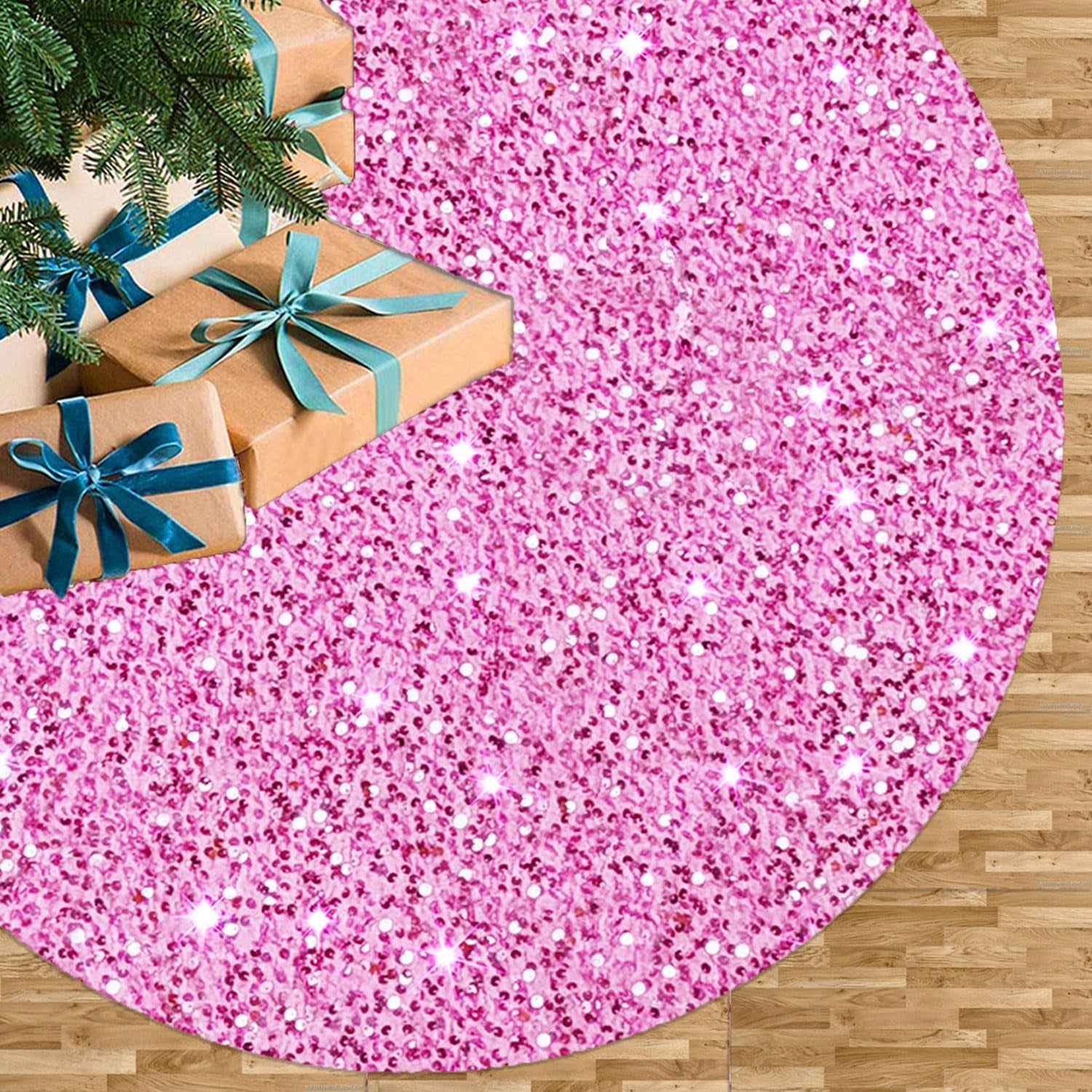 FUHSY Christmas Tree Skirt Pink Tree Skirt 46 Inch Sequintree Skirt Velvet Tree Floor Carpet Holiday Ornaments Glittery Xmas Skirt for Thanksgiving Pink Christmas Decorations Christmas Skirt Tree