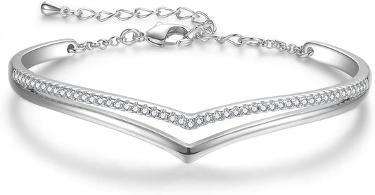 Praelinos Minimalistic Bracelets for Women White/Rose Gold Plated Charm Silver Tone Bracelet 5A Cubic Zirconia Jewelry Christmas Birthday Valentine Mother'S Day Gifts for Mom Women Wife Her