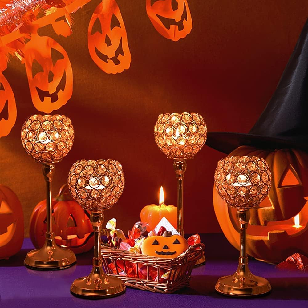 VINCIGANT Gold Crystal Candle Holders Set of 2 for Fireplace Coffee Table Mantle Decor,Wedding Home Halloween Decoration Centerpieces