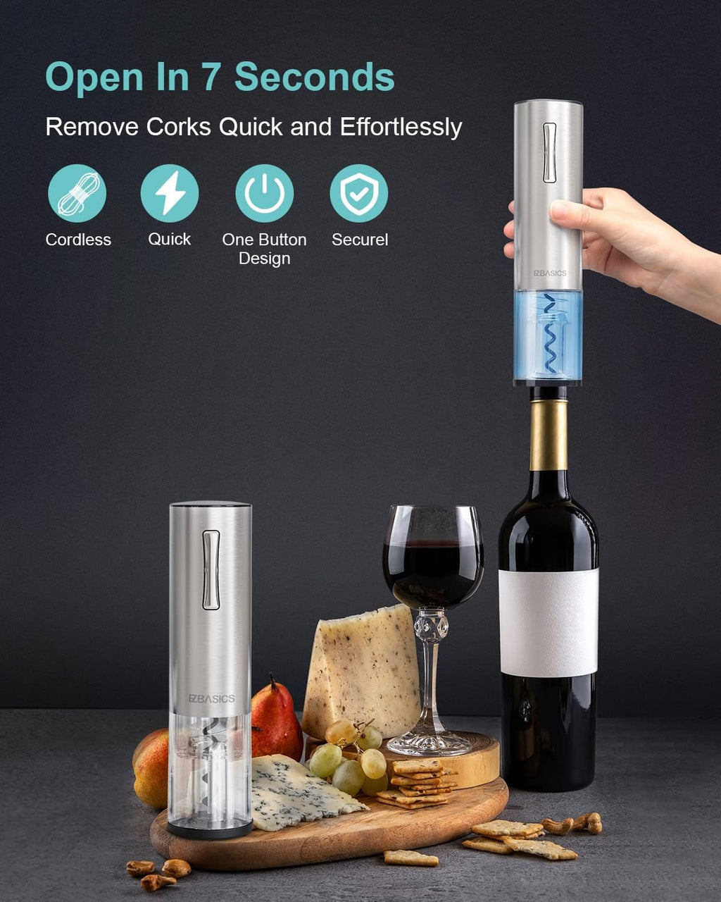 EZBASICS Electric Wine Opener, Automatic Wine Bottle Opener Set with Foil Cutter Vacuum Stopper and Wine Aerator Pourer for Wine Lovers Gift Home Kitchen Party Bar Wedding Rechargeable, Silver
