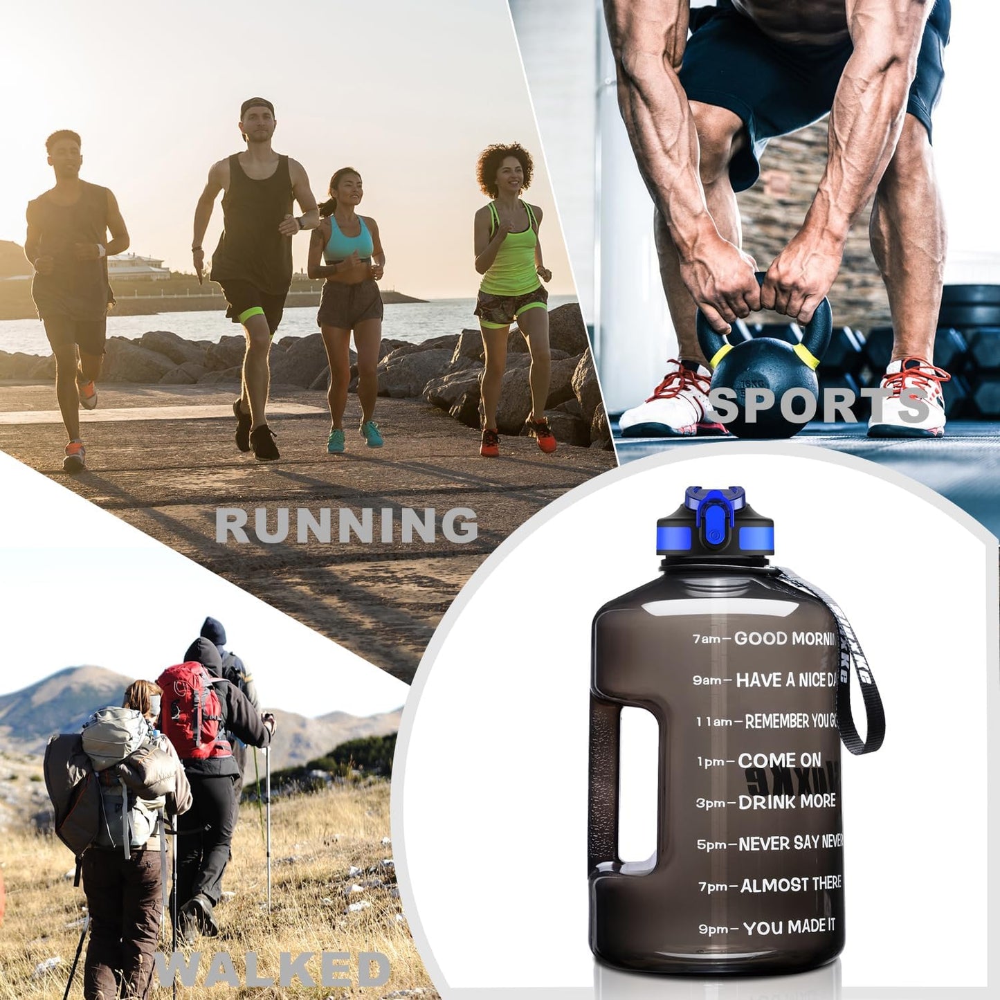 1 Gallon Motivational Sports Water Bottle with Time Marker, BPA Free 128Oz Leak Proof Jug, Black, Plastic, 128 Ounces, Fitness, Sports, Outdoor Activities