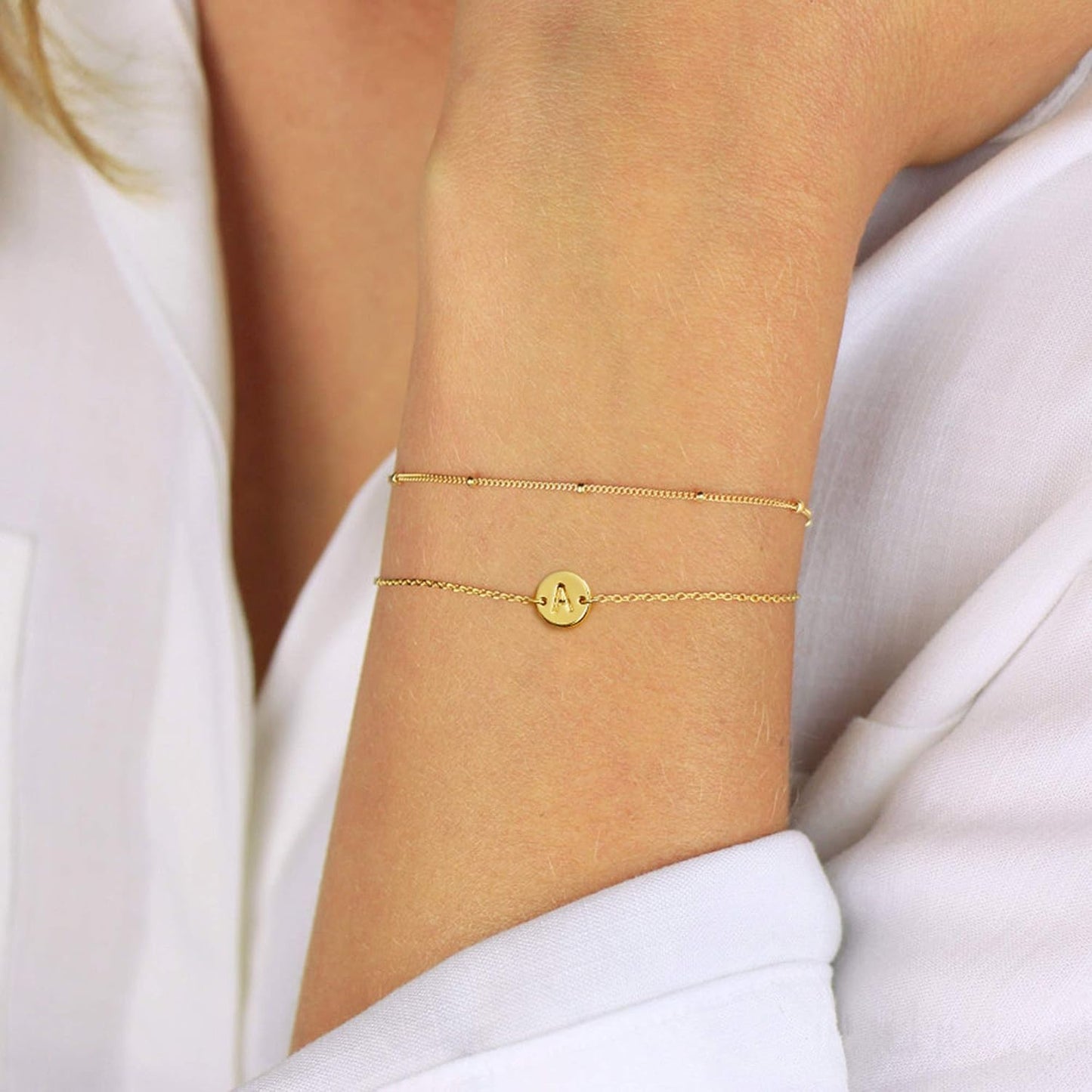 MONOZO Gold Initial Bracelets for Women Girls Jewelry Gifts - Dainty 14K Gold Plated Layered Beaded Letter Initial Bracelet 26 Alphabet Disc Monogram Charm Bracelet Jewelry Birthday Gifts for Women