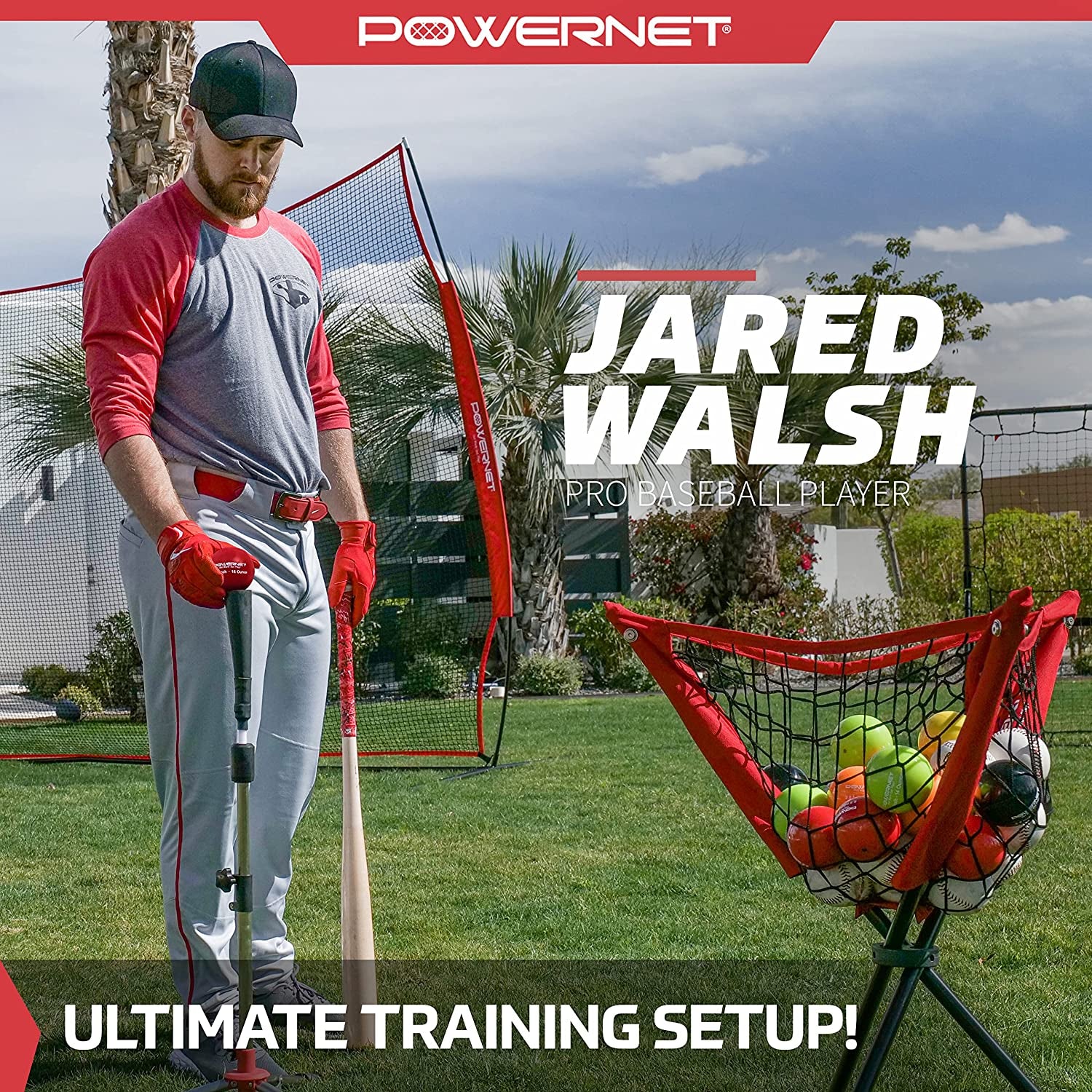 Powernet 7X7 DLX Practice Net + Deluxe Tee + Ball Caddy + 3 Pack Weighted Ball + Strike Zone Bundle | Baseball Softball Coach Pack | Pitching Batting Training Equipment Set | 7' X 7' (Navy)