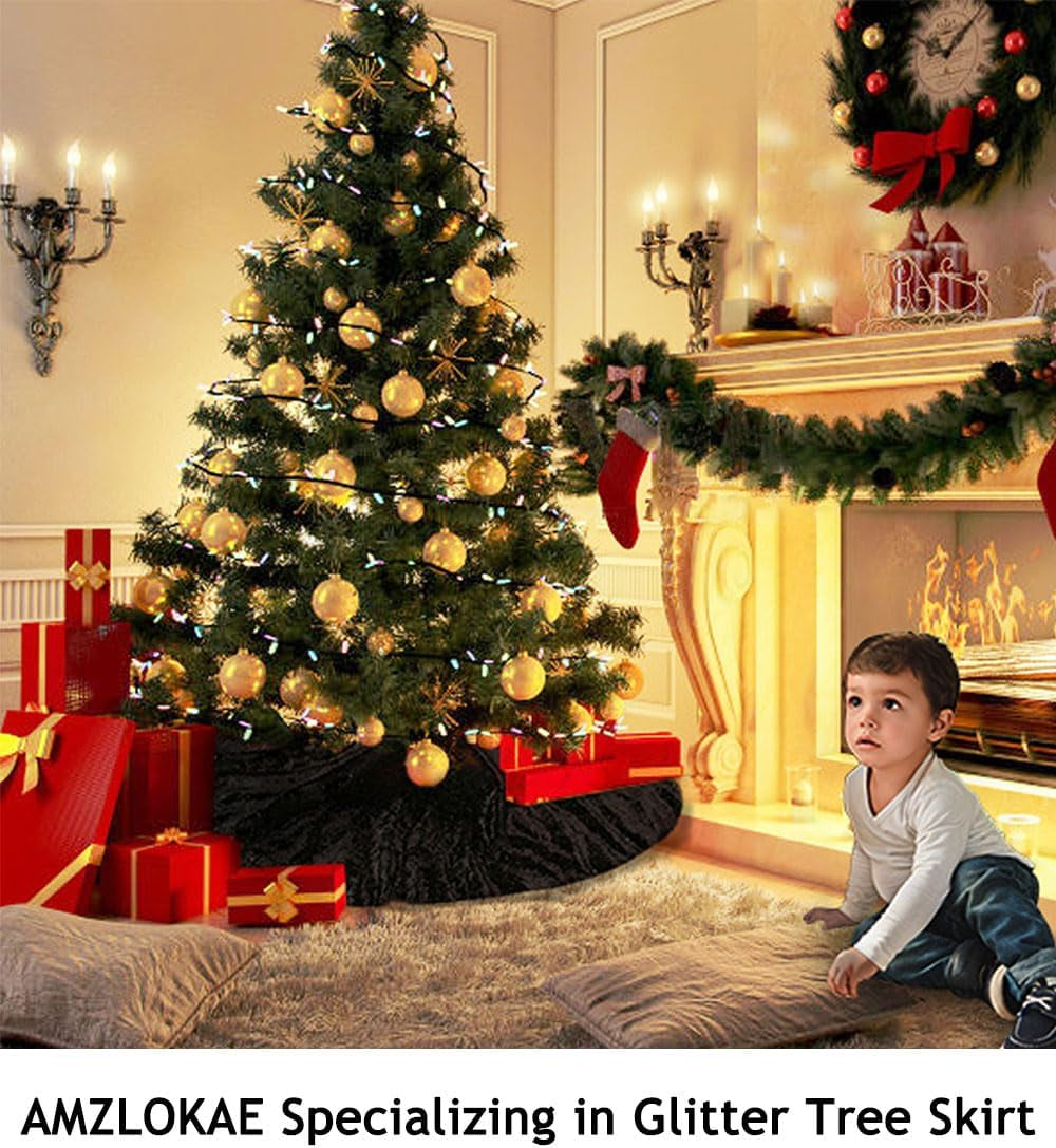 AMZLOKAE 48'' Black Sequin Tree Skirt - Sparkle Christmas/Halloween/Xmas Tree Skirt - Fits 5Ft to 7Ft Trees