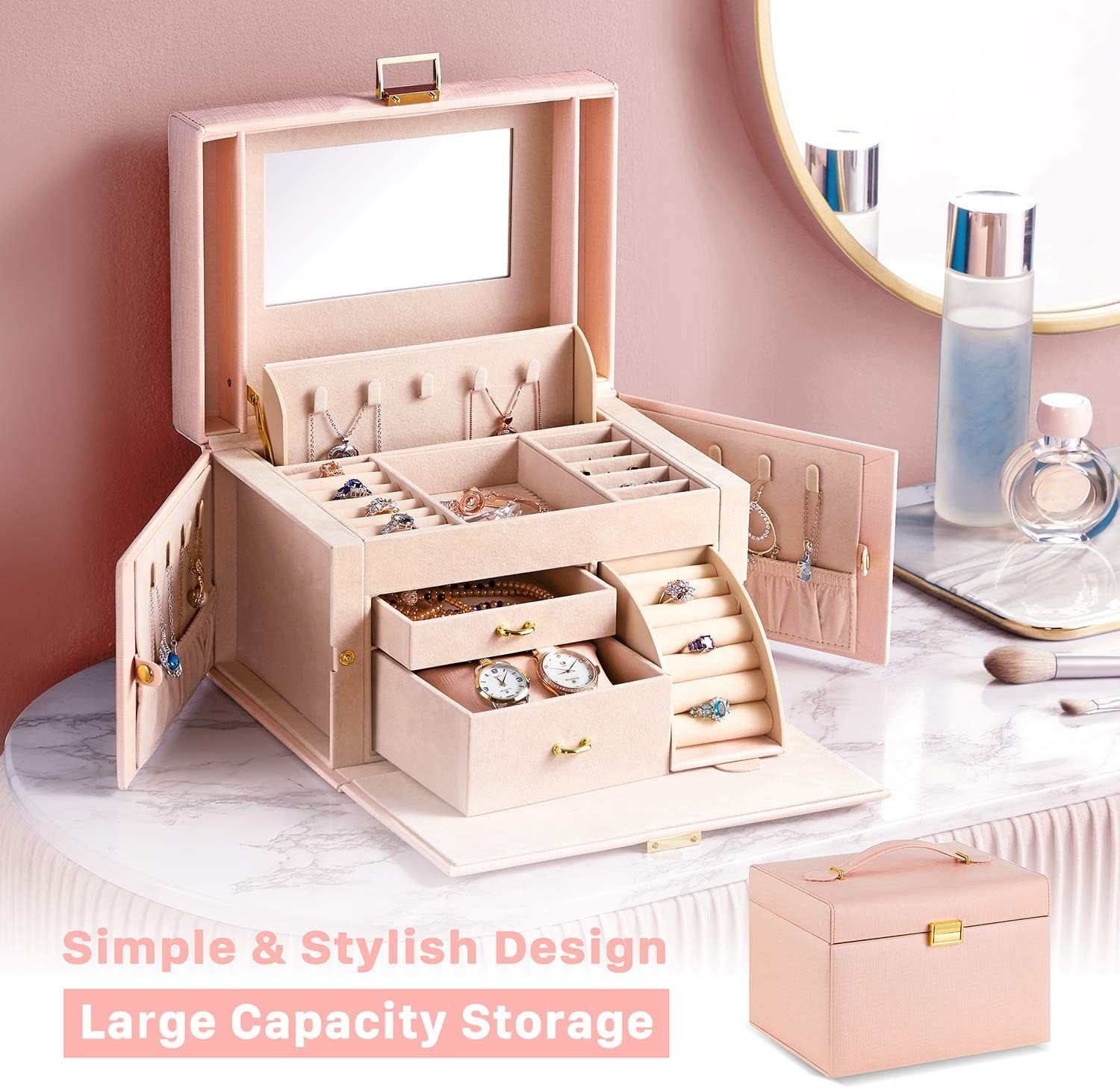 RIRO Jewelry Box for Women, Faux Leather Jewelry Organizer Box with 2 Drawers, Lockable Jewelry Storage Case with Mirror, Storing for Watch Necklace Ring Earring Bracelet, Gift (Pink)