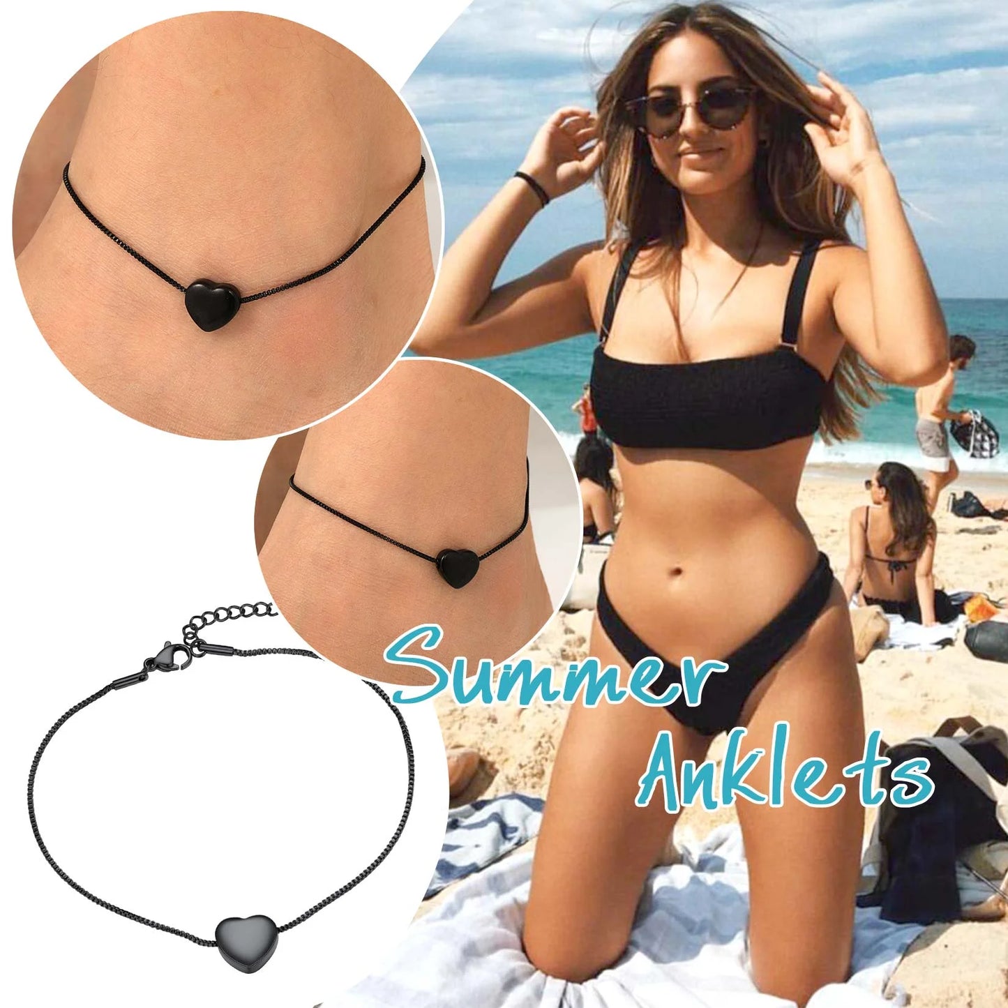 Black Heart Chain Anklet for Women Barefoot Ankle Foot Jewelry 9Inch Gift Packed