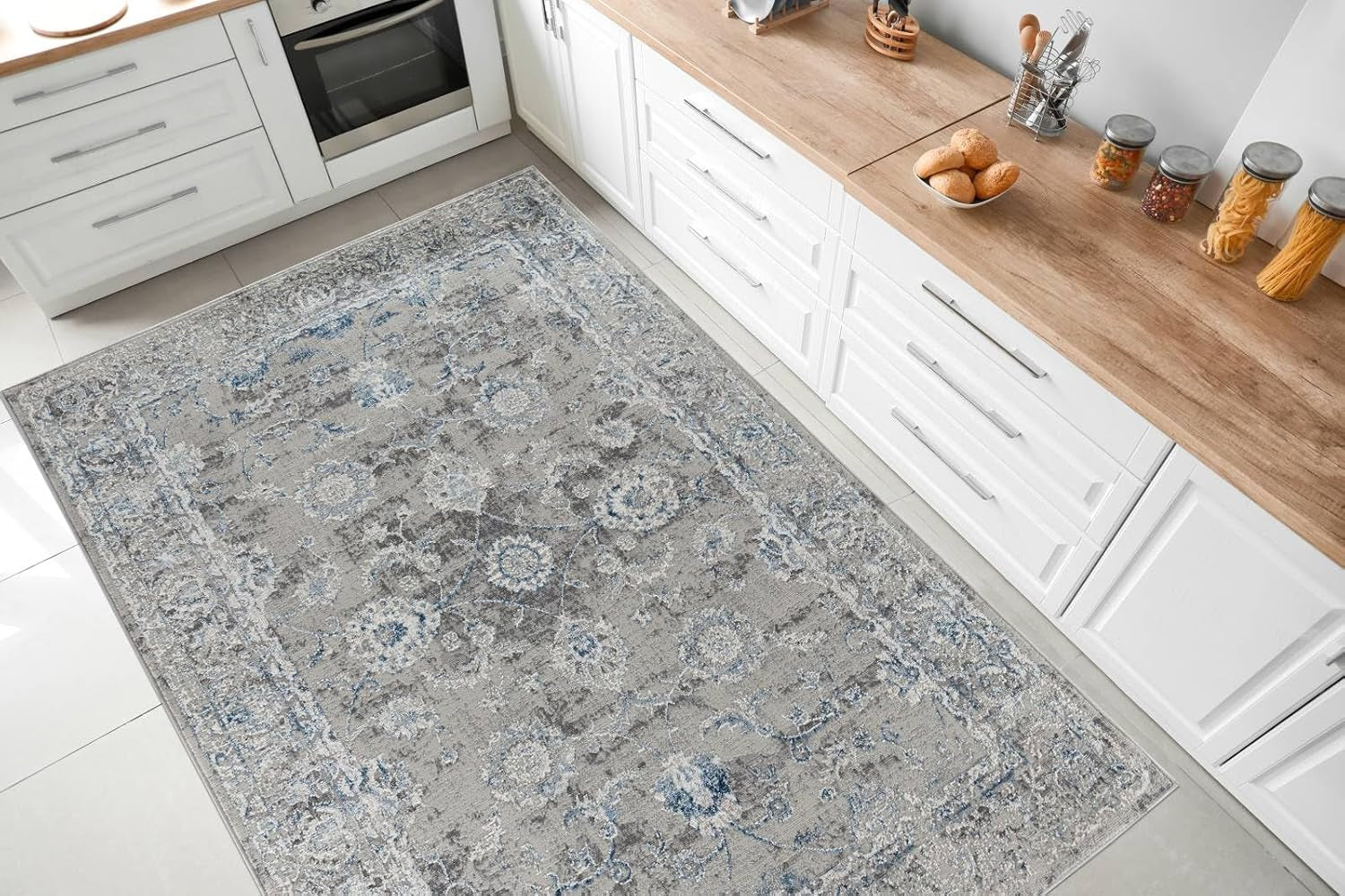The Sofia Rugs - Kitchen Rugs and Kitchen Mats for Floor, Kitchen Rugs Non Slip Kitchen Runner Rug with TPR Backing, 100% Polypropylene Mats for Kitchen Decor (Blue/Grey Vintage, 72"X40")