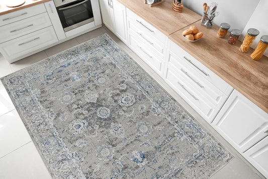 The Sofia Rugs - Kitchen Rugs and Kitchen Mats for Floor, Kitchen Rugs Non Slip Kitchen Runner Rug with TPR Backing, 100% Polypropylene Mats for Kitchen Decor (Blue/Grey Vintage, 72"X40")