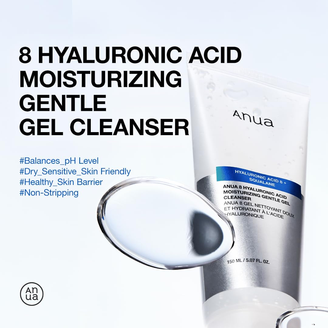 ANUA Moisturizing Gentle Gel Cleanser, Hyaluronic Acid, Squalane, Ceramide, Foaming Facial Korean Cleanser, Ph Balance, Daily Hydrating Face Wash, Korean Skincare (150Ml/5.07Fl Oz.)