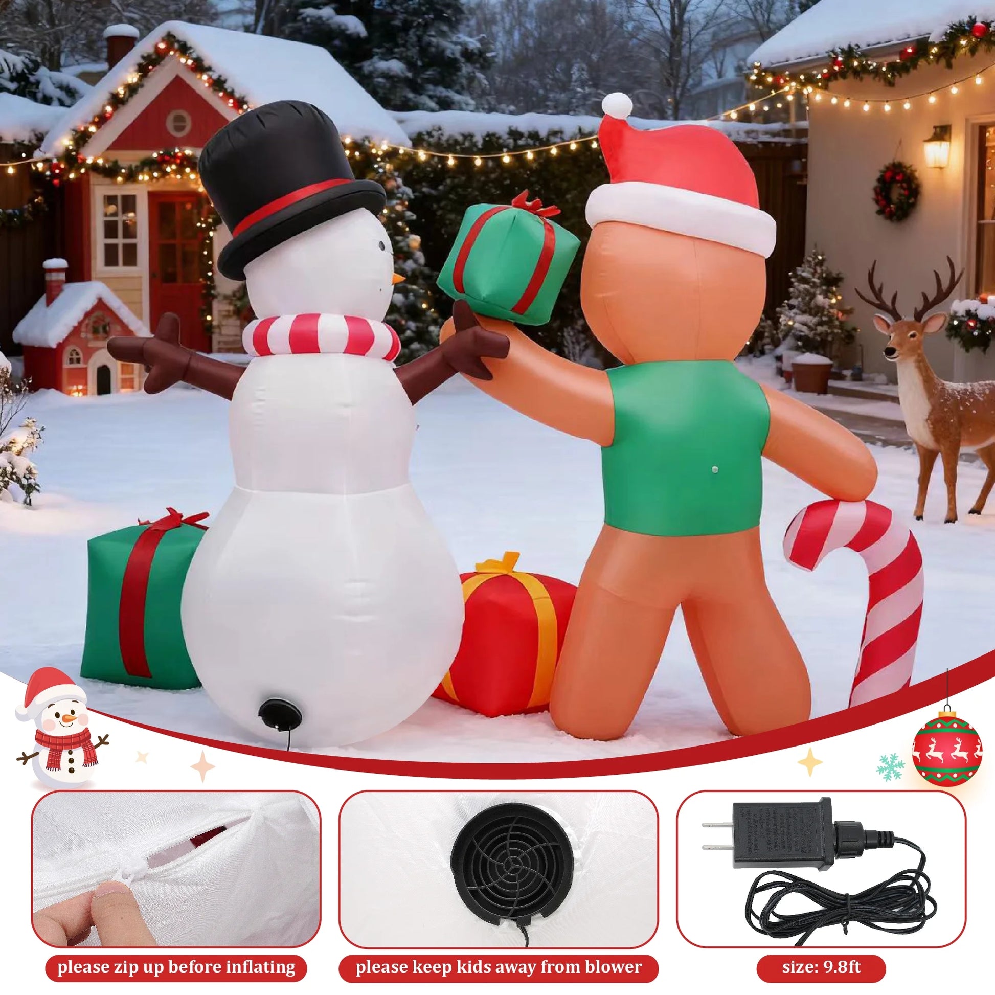 8.5Ft Christmas Inflatables Outdoor Decoration Snowman and Gingerbread Christmas Blow Ups with Built in LED Lights Xmas Garden Yard Lawn Decoration