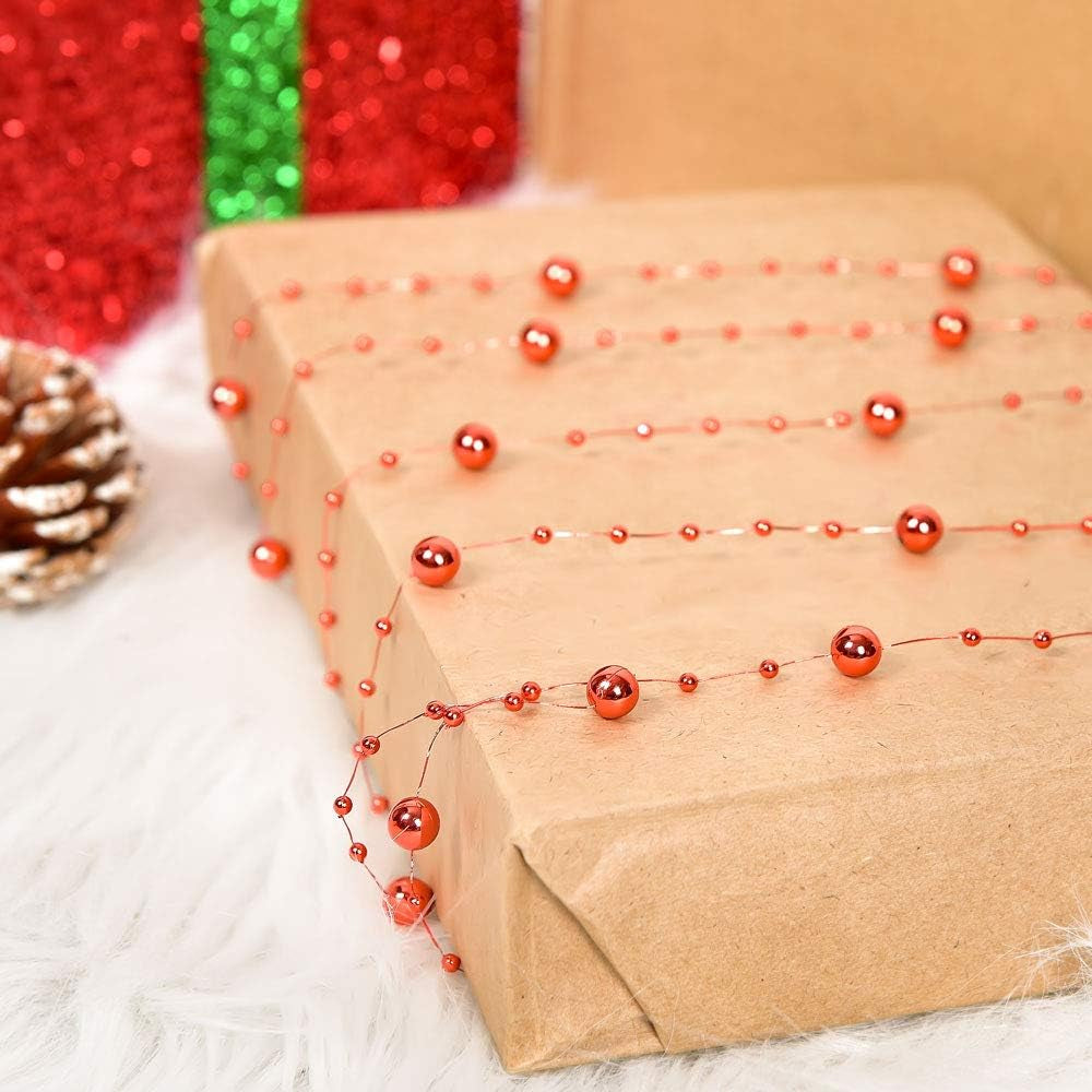66 Feet Christmas Tree Beads Garland, Fishing Line Artificial Pearls Beads String Roll Chain Faux Pearl Beaded Trims for Wedding Christmas and Holiday DIY Supplies(1-Pack)
