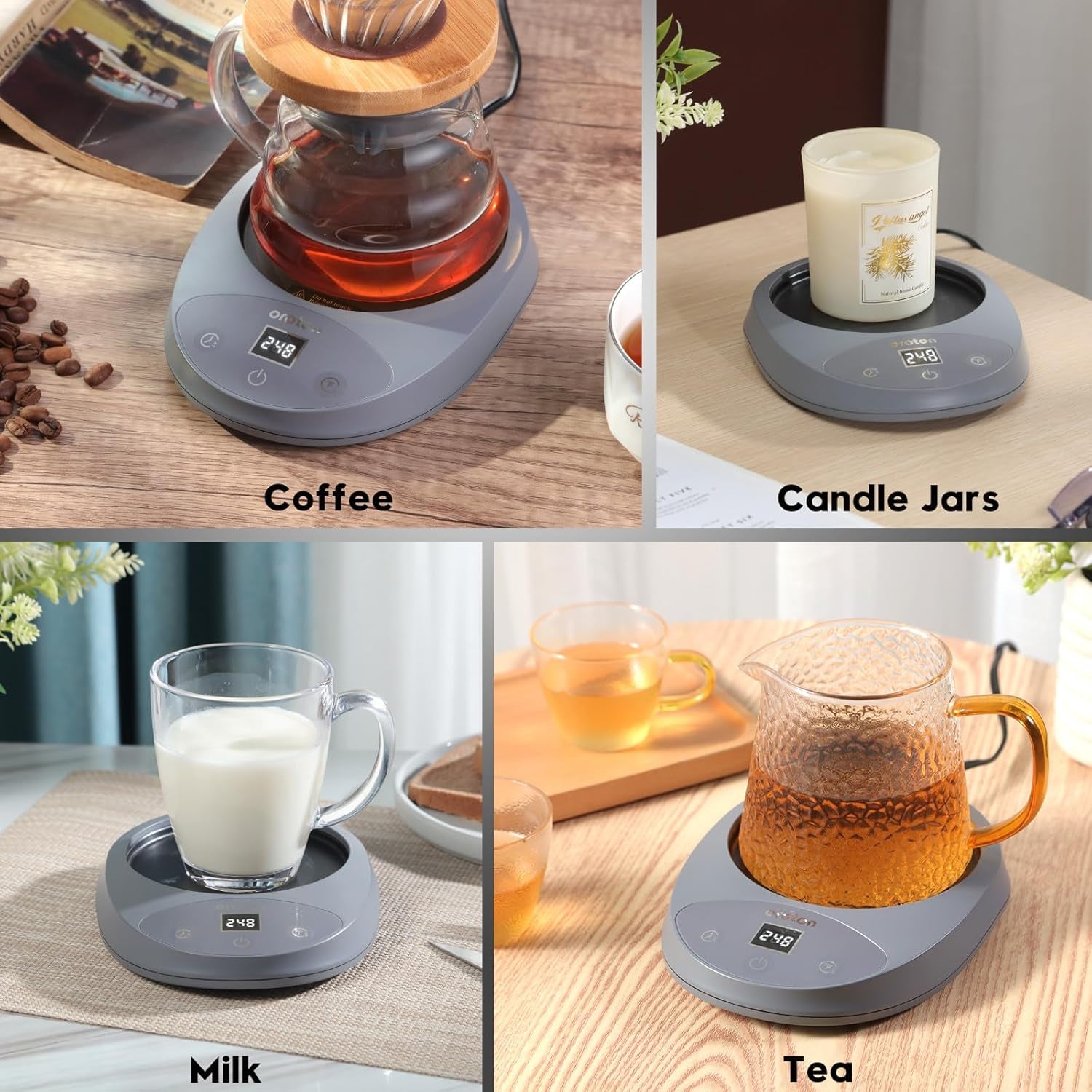 Oroton Mug Warmer for Coffee and Tea, Auto Shut Off,4.3 Inch Large Heated Plate,8 Temperature Settings, 1-8 Hour Timer Settings, Smart Coffee Warmer Plate Milk Tea Water(Grey)