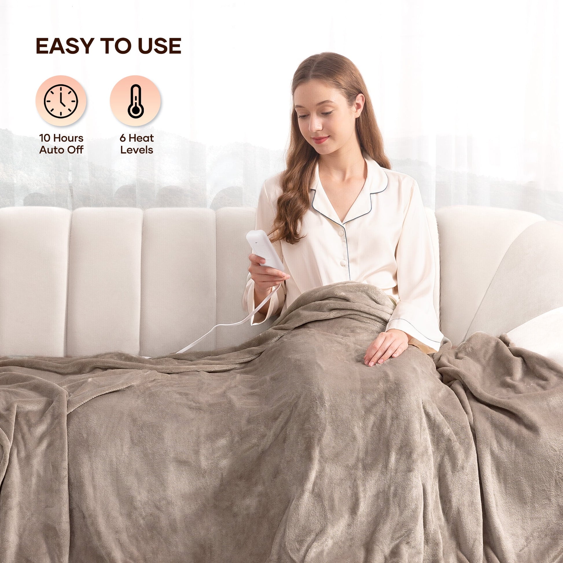 Electric Blanket 72" X 84" Full Size Heated Blanket, Fast Heating, 6 Heating Levels, 10H Auto-Off, Machine Washable - Linen