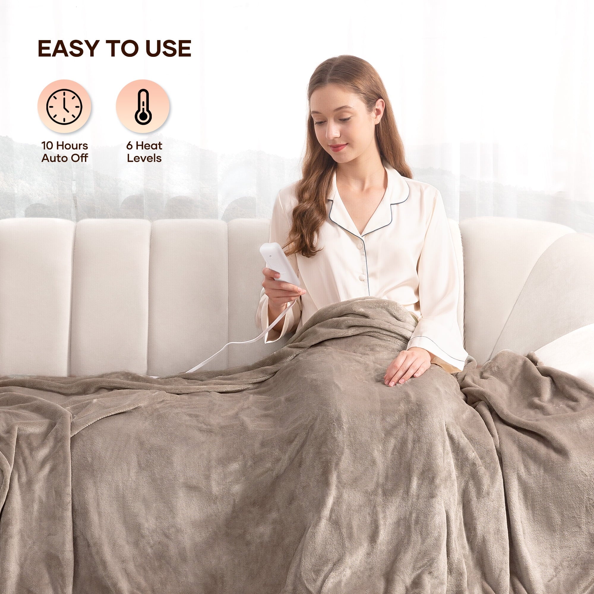 Electric Blanket 72" X 84" Full Size Heated Blanket, Fast Heating, 6 Heating Levels, 10H Auto-Off, Machine Washable - Linen