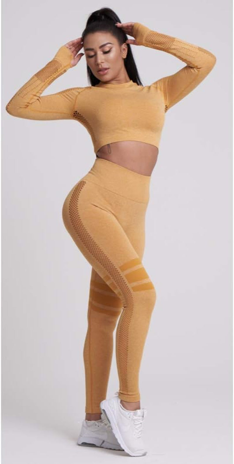 MANON ROSA Workout Sets Women 2 Piece Gym Outfits Seamless Yoga Long Sleeve Crop Top Stripes Legging Mesh Yellow Medium