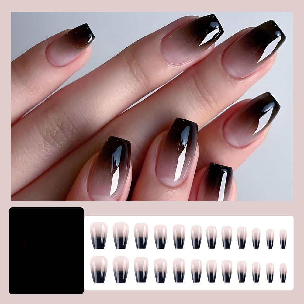 24 Pcs Black White Ombre Press on Nails Short Square - MINGCHUN Summer Fake Nails Press Ons Nails Tips Design Full Cover French False Nails Glue on Nails Stick on Nails Acrylic Nail Art DIY for Women