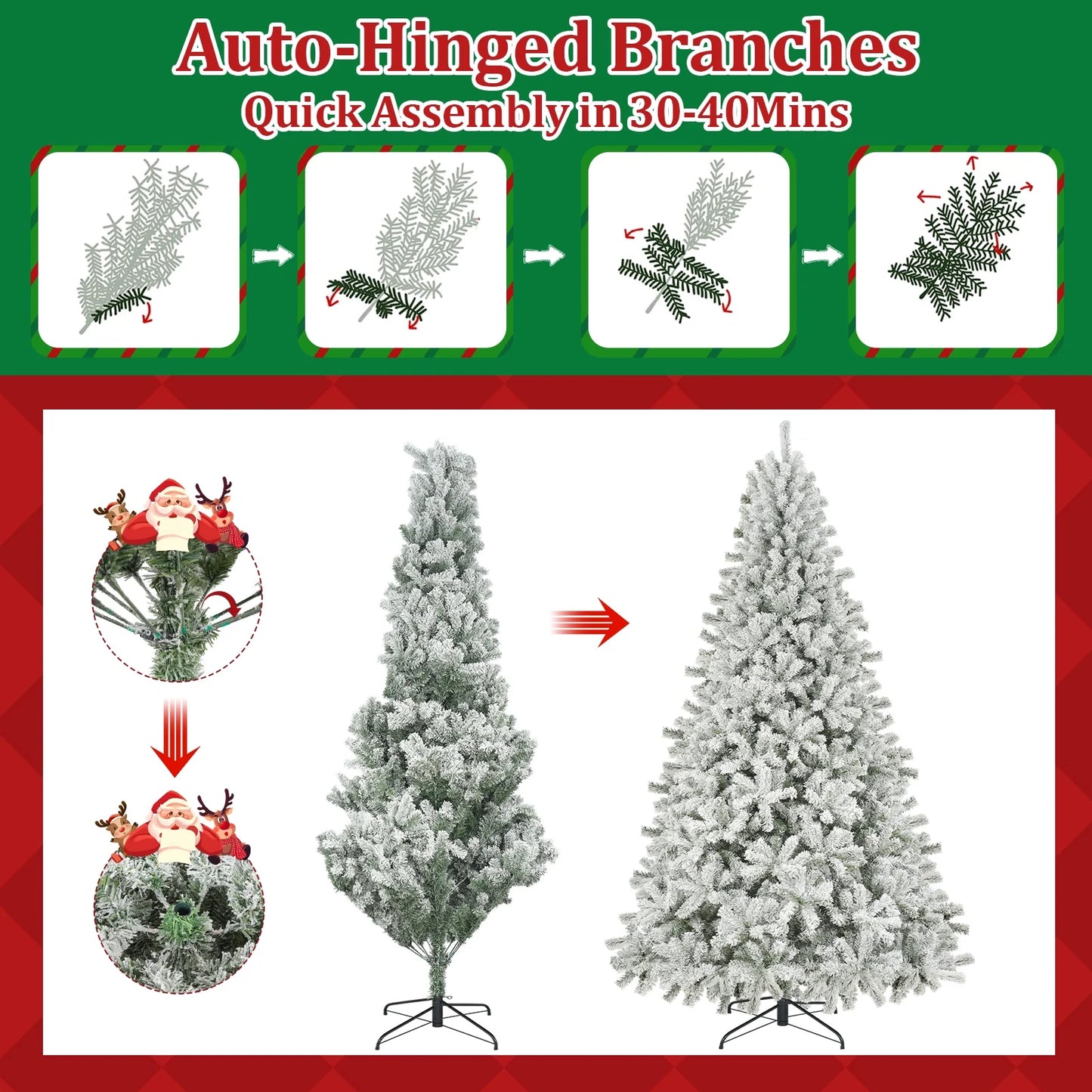 9Ft Snow Flocked Christmas Tree with 2028 Tips, Artificial Snowy Xmas Pine Tree with Reinforced Metal Base for Home Office Party Holiday Decorations ,White(No Light)